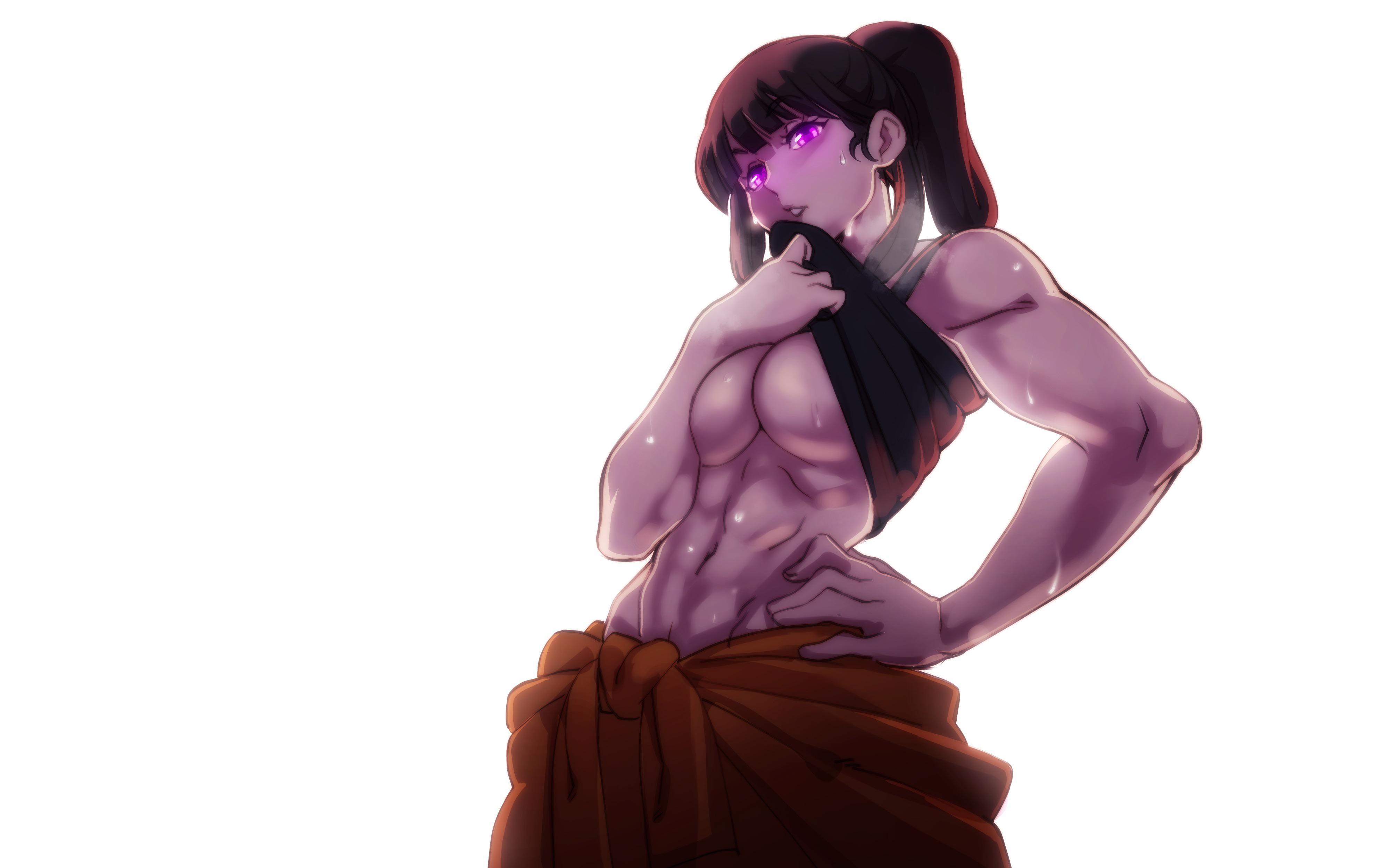 1girls, 2021, abs, big breasts, breasts, enen no shouboutai, female, fire force, glowing eyes, lifting shirt, looking at viewer, nisego, oze maki, purple eyes, solo female, sweat, toned, white background