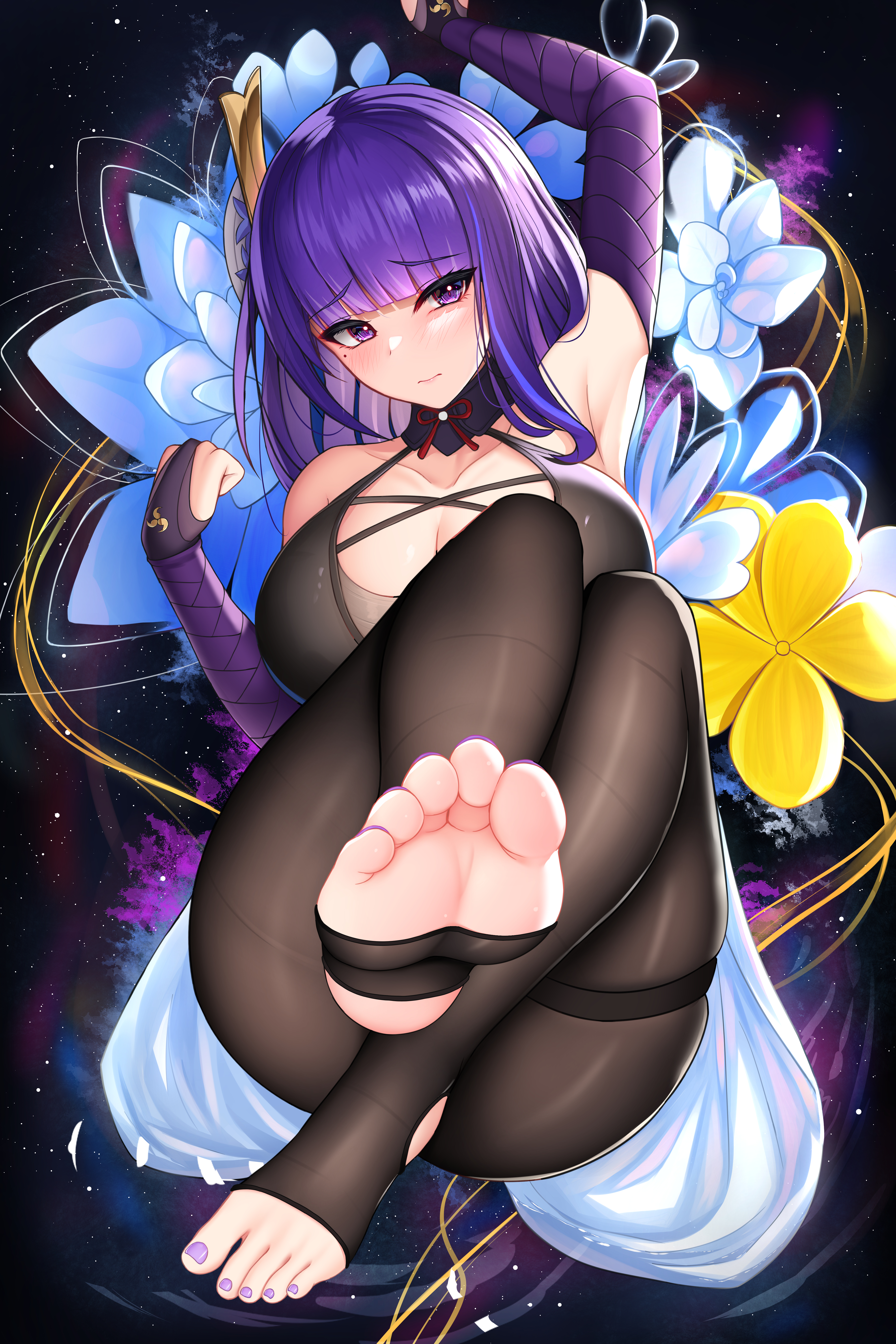 1girls, 2022, absurd res, beauty mark, blush, breasts, cleavage, damao yu, embarrassed, feet, feet in stockings, female, female only, foot fetish, genshin impact, hips, huge breasts, leggings, long hair, mole under eye, no shoes, pantyhose, purple eyes, purple hair, raiden shogun, slim waist, stirrup legwear, thick thighs, thighs, tights, wide hips