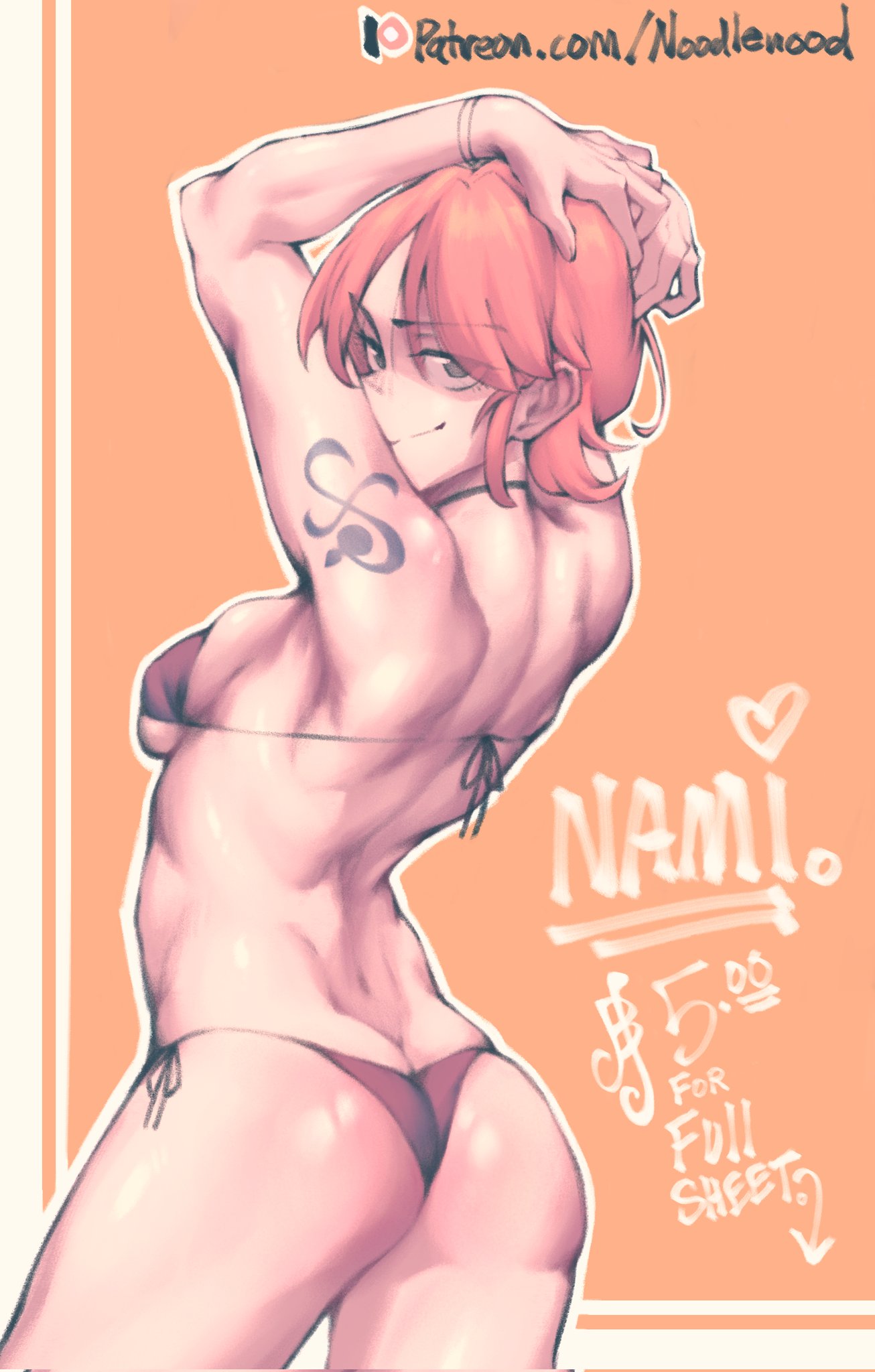 1girls aroodnoodle bikini breasts female female_only looking_at_viewer looking_back nami_(one_piece) noodlenood one_piece orange_hair short_hair sideboob smile solo swimsuit tattoo