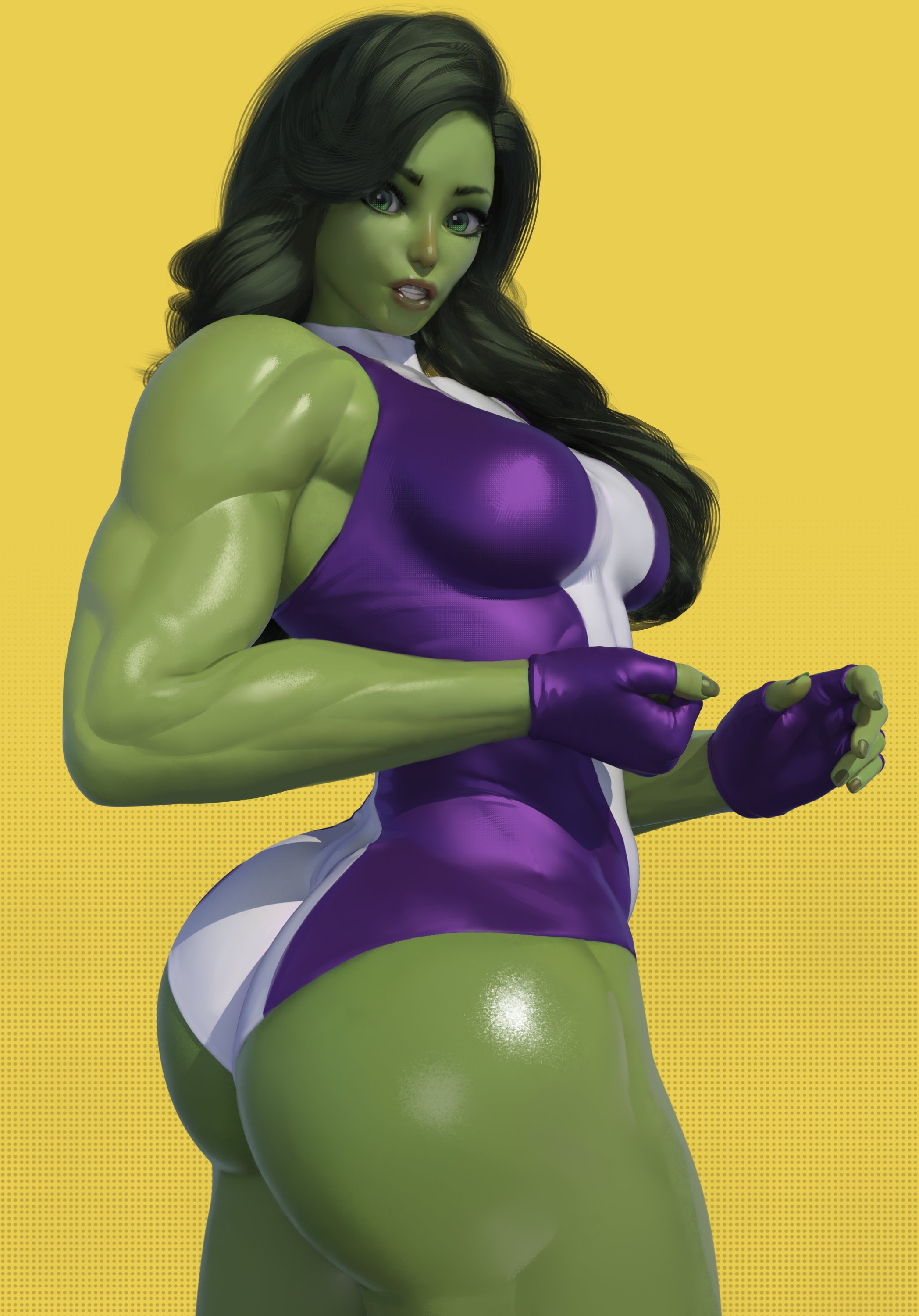 1girls, 3d, 3d (artwork), ass, big ass, big breasts, breasts, clothed, dark green hair, female, female only, fingerless gloves, gloves, green body, green eyes, green hair, green skin, highleg leotard, hulk (series), large ass, leotard, long hair, looking back, marvel, marvel comics, muscles, muscular, muscular female, popogori, rear view, she-hulk, simple background, solo