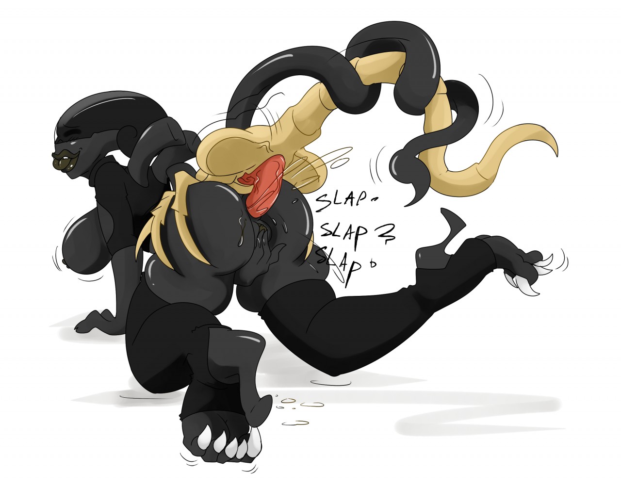 1girls, alien, alien (franchise), anal, ass, black skin, claws, closed eyes, facehugger, female, female xenomorph, femomorph, nelsonnoir, pussy, sound effects, stirrup legwear, tail, toeless legwear, xenomorph