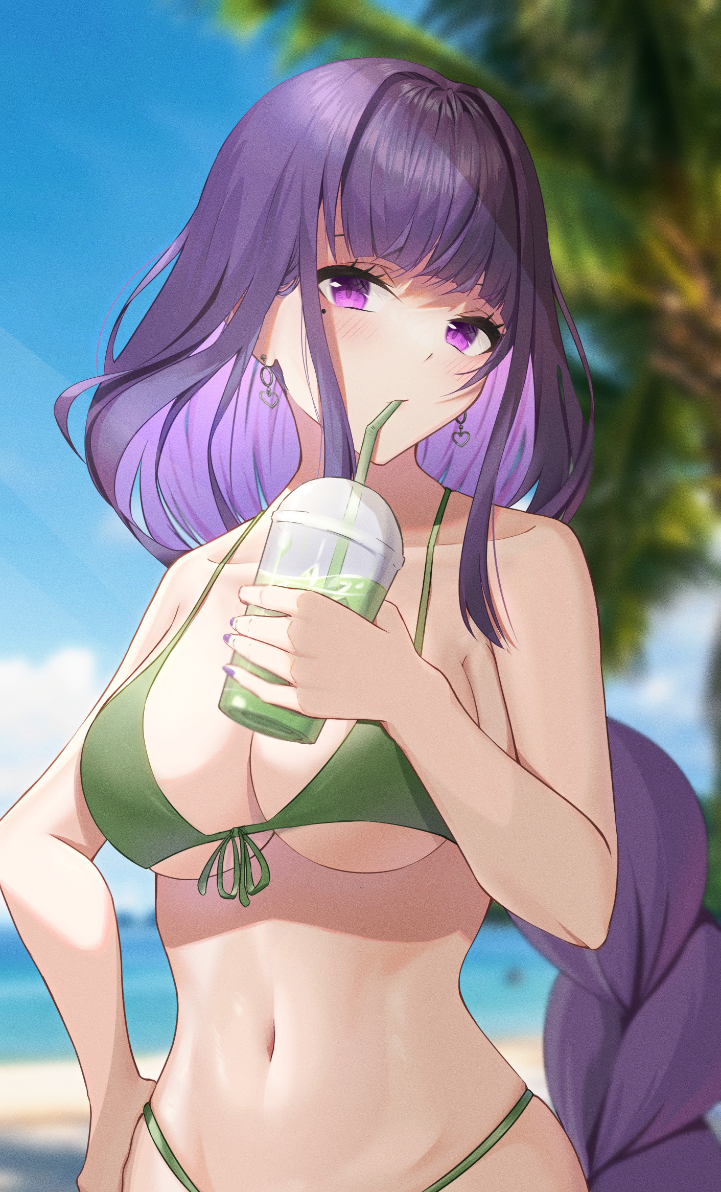 bakemonsou, bikini, female, genshin impact, green bikini, light skin, light-skinned female, purple eyes, purple hair, raiden shogun, swimsuit, swimwear, two piece swimsuit