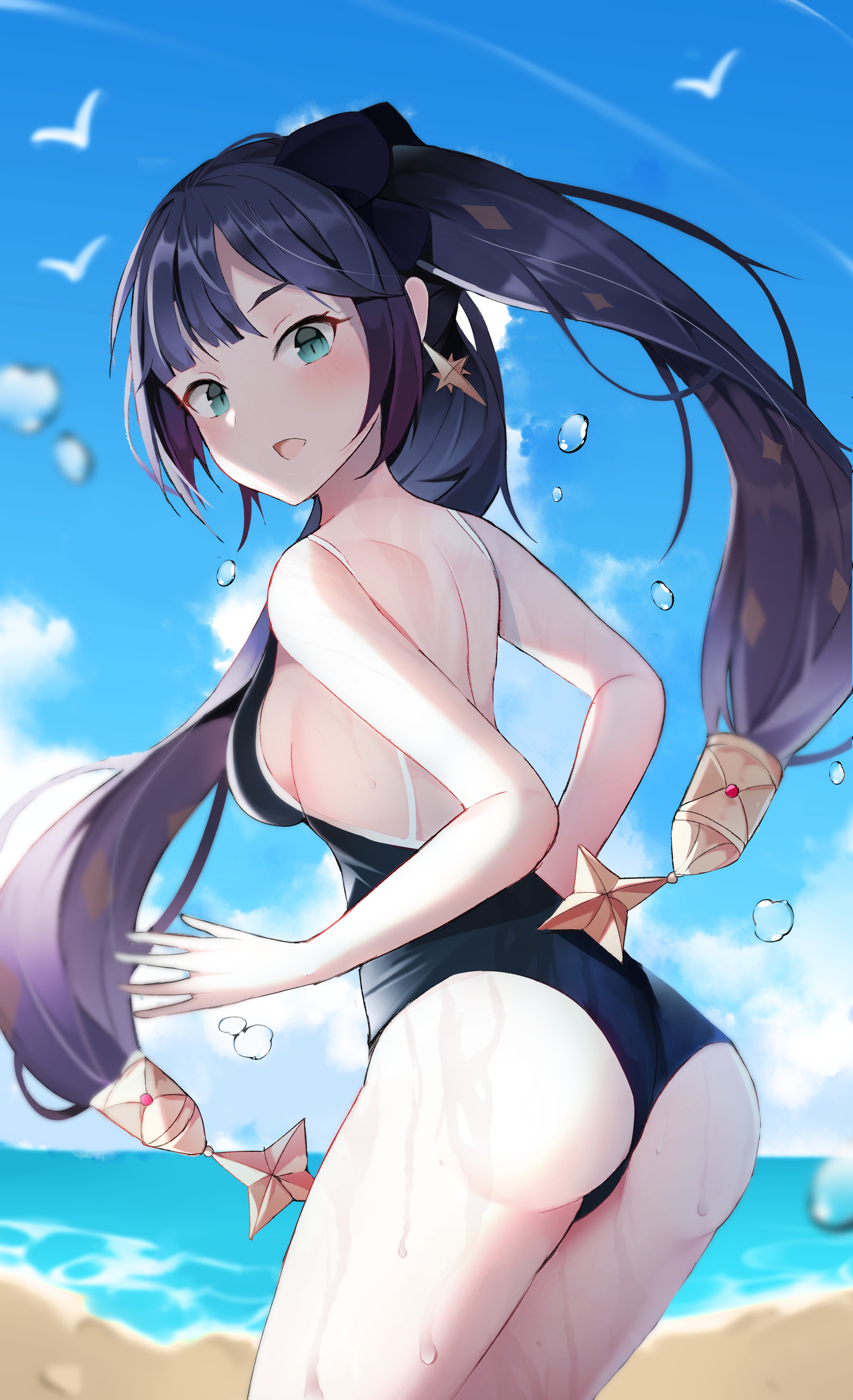 ass, female, genshin impact, light skin, light-skinned female, long hair, mihoyo, mona (genshin impact), swimsuit, t373412, tied hair, twintails