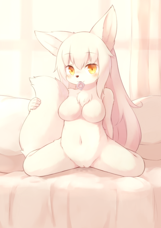 anthro big_breasts blush breasts canid canine condom condom_in_mouth featureless_breasts female fox kneeling looking_at_viewer mammal matsuura no_nipples nude sexual_barrier_device smile solo spread_legs spreading young