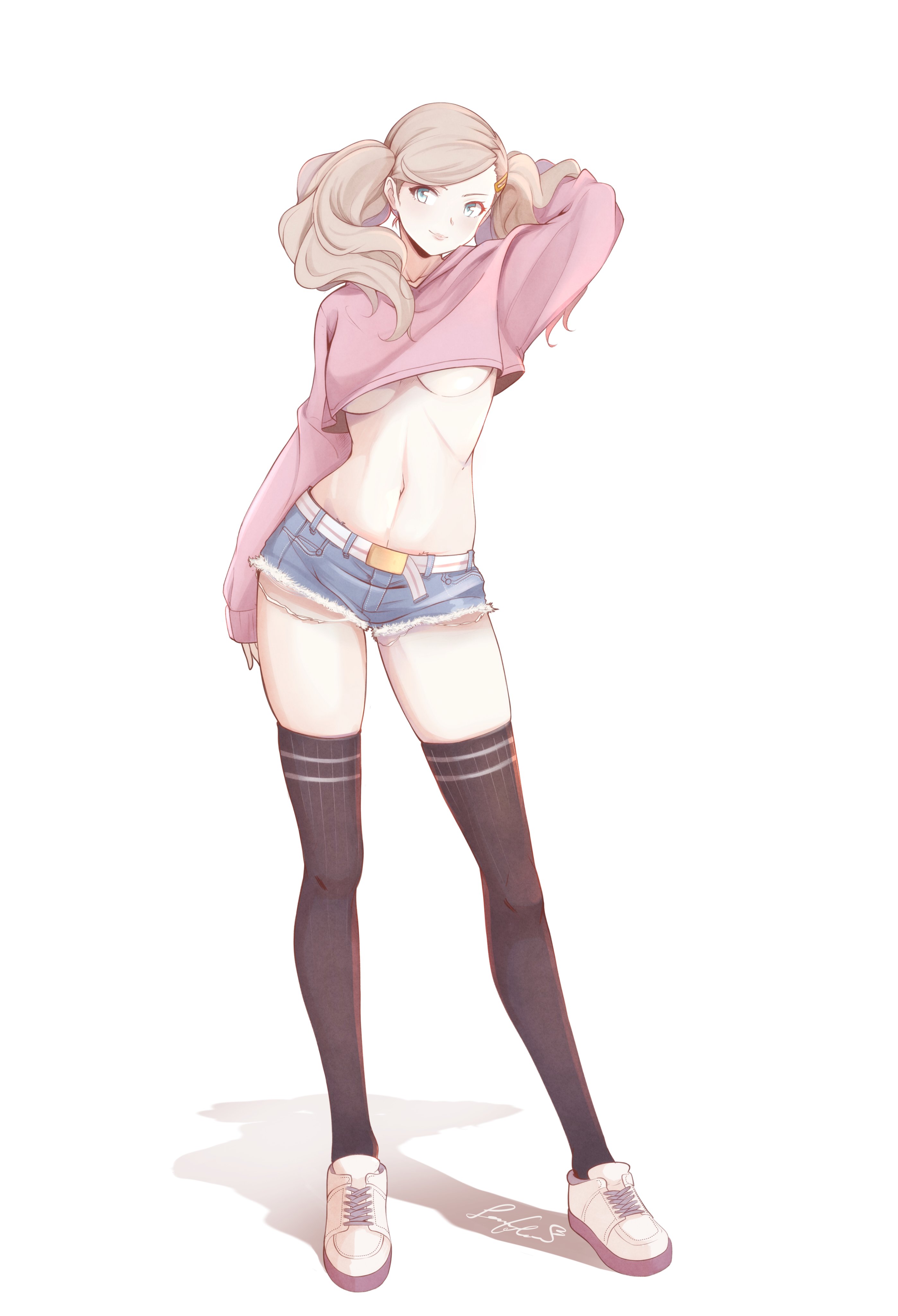 1girls, ann takamaki, blonde hair, breasts, female, hand in hair, persona, persona 5, solo, solo female, solo focus, underboob