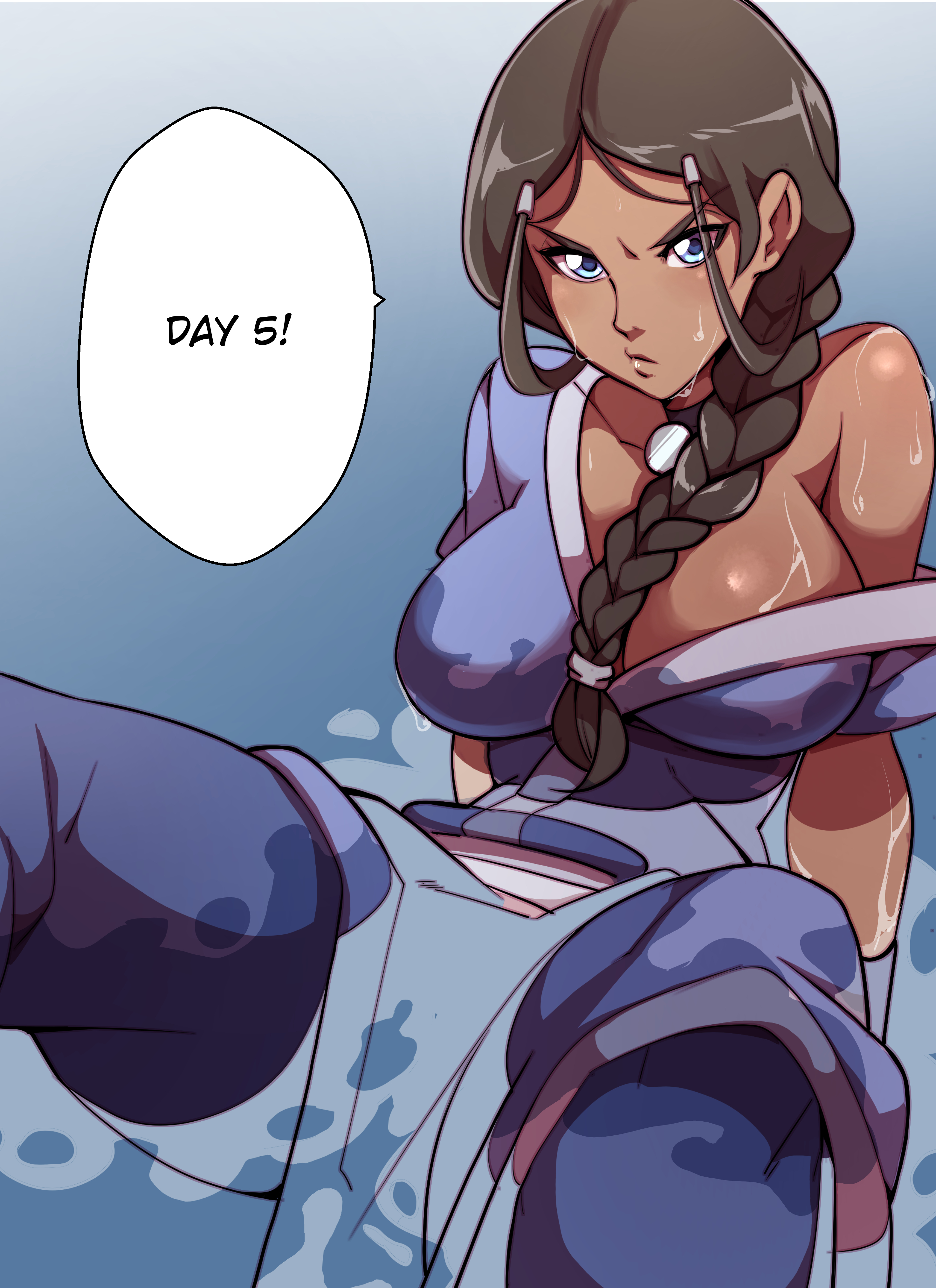 1girls, 2020, angry, annoyed, annoyed expression, avatar the last airbender, bare shoulders, big breasts, blue eyes, braid, breasts, brown skin, brunette, cleavage, clothing, dark skin, dark-skinned female, female, katara, large breasts, nickelodeon, nisego, shiny skin, solo, solo female, straight hair, water, wet
