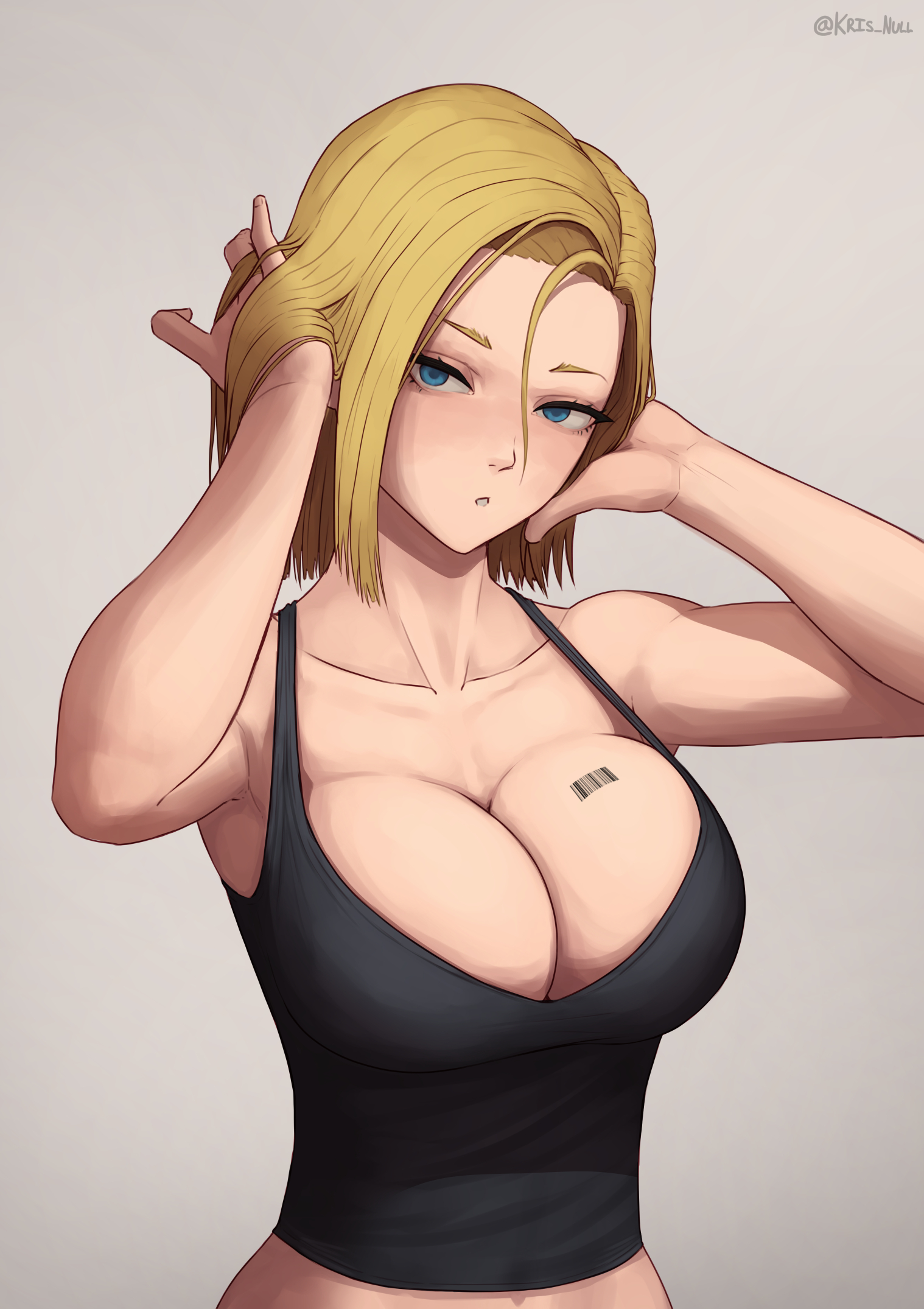 1girls, android, android 18, barcode, barcode tattoo, blonde hair, blue eyes, breast focus, breasts, dragon ball, dragon ball z, female, highres, kris null, looking at viewer, neck length hair, solo, tagme, tank top, tattoo, tight clothes, tight clothing, undersized clothes, upper body