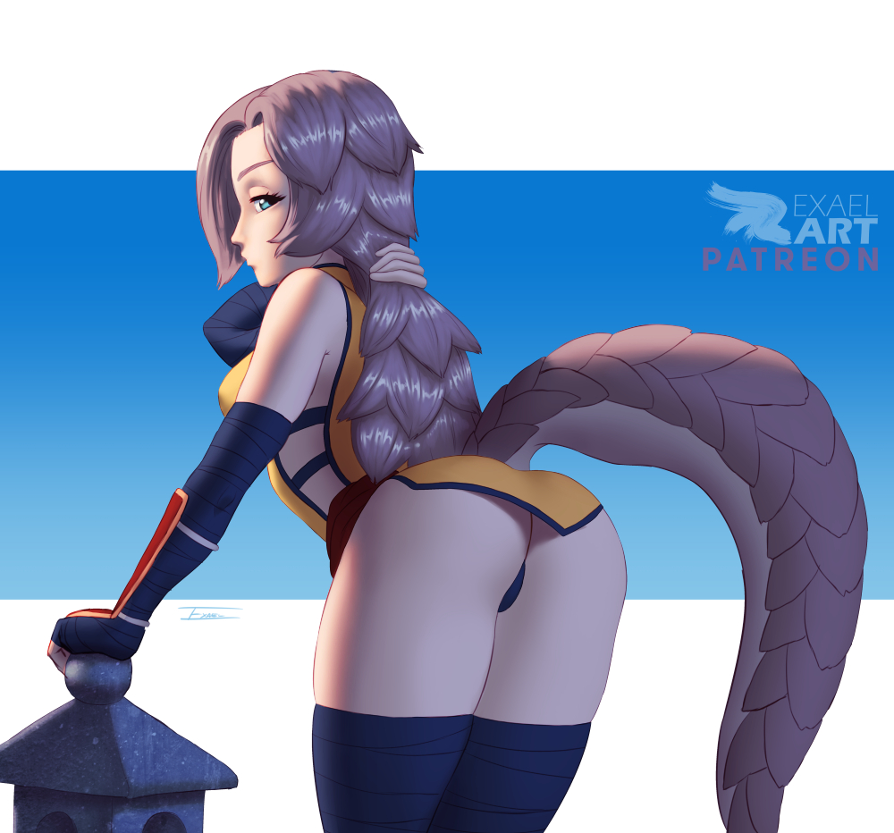 1girls 2022 armelle_(exael) ass bent_over black_panties blue_eyes brown_hair exael fingerless_gloves gloves long_hair looking_at_viewer looking_back original pangolin_tail panties standing tagme tail thighhighs thighs