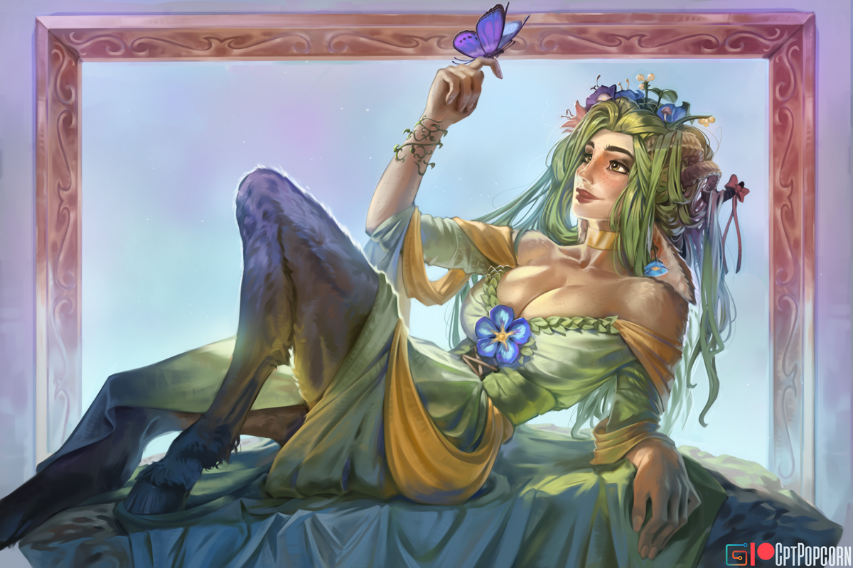big breasts, breasts, clothed, cptpopcorn, critical role, critical role: bell's hells, dungeons and dragons, fantasy, faun, fearne calloway, female, flowers, freckles, furry, green eyes, green hair, horns, pink skin, tagme