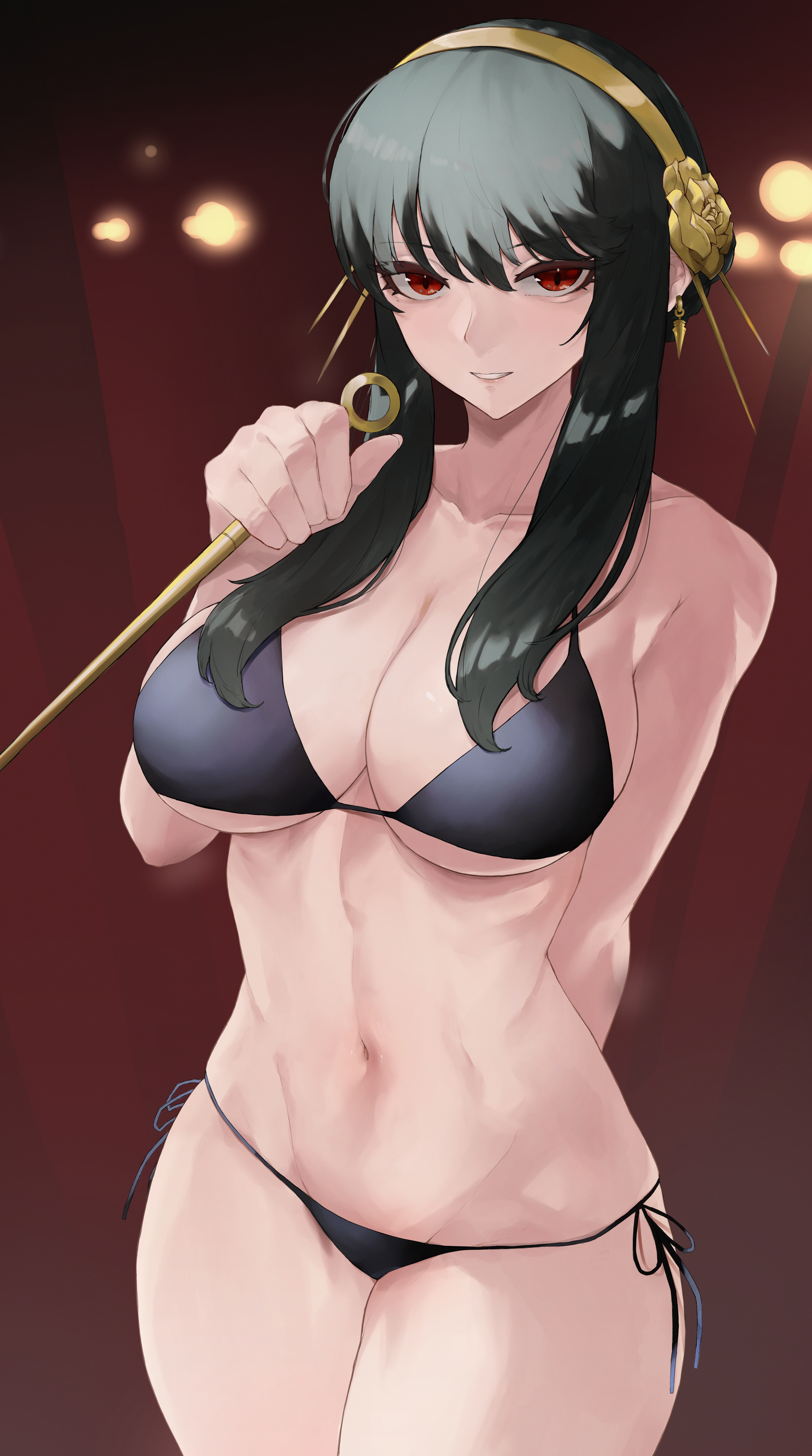 1girls, absurd res, assassin, bikini, black hair, breasts, female, female only, hi res, kataku musou, large breasts, looking at viewer, red eyes, solo, spy x family, stiletto (weapon), swimsuit, thighs, thorn princess, wide hips, yor briar