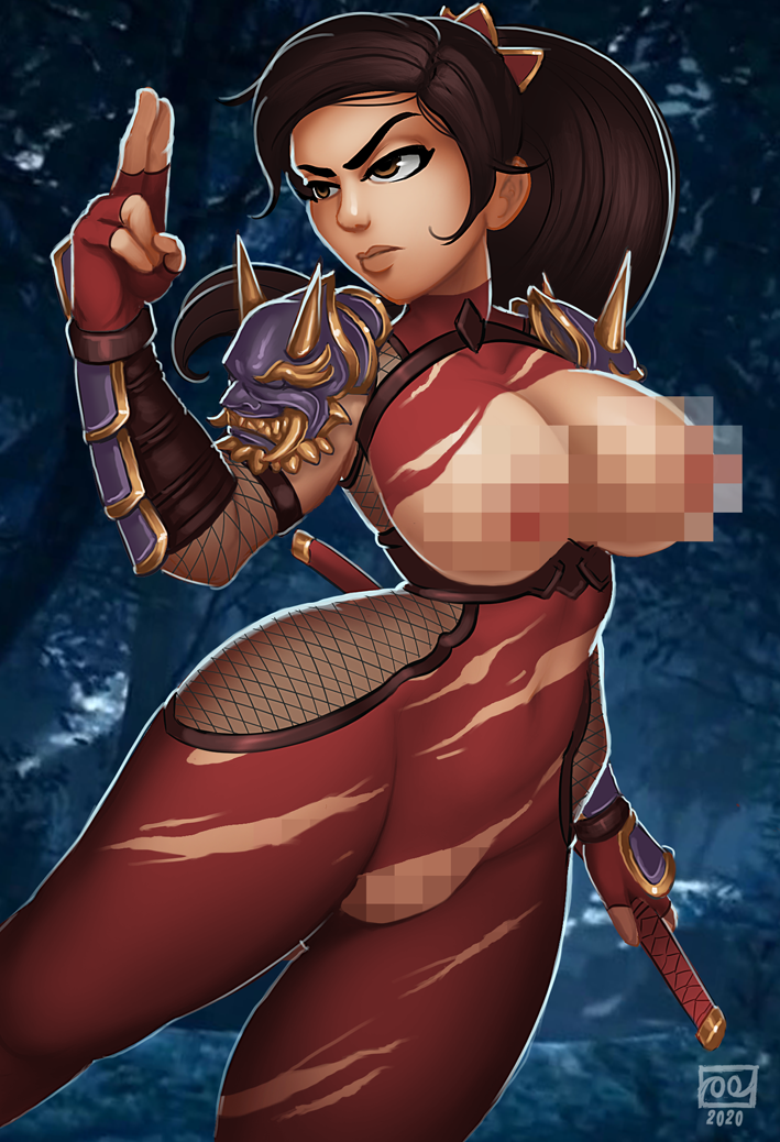 1girls alternate_version_available asian asian_female bodysuit breasts_out brown_eyes brown_hair censored female female_only fingerless_gloves large_breasts looking_away monolithic-sloth mosaic_censoring ninja pauldrons pinup ponytail pose skin_tight solo soul_calibur sword taki torn_clothes