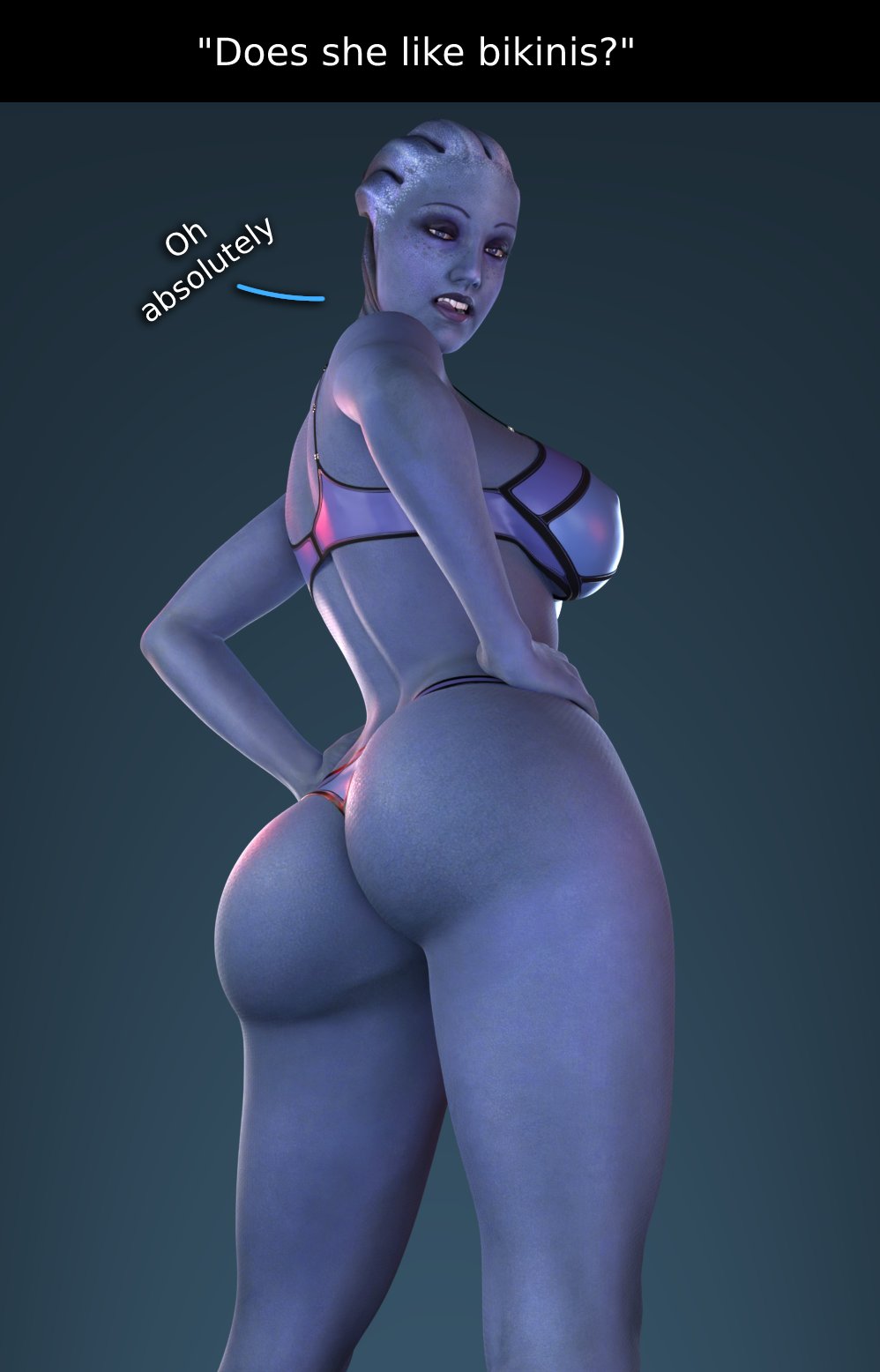 1girls, 3d, 3d (artwork), alien girl, asari, ass, big ass, big breasts, blender, blue skin, bra, breasts, female, female only, large ass, liara t'soni, mass effect, panties, smitty34, solo, text, thick thighs