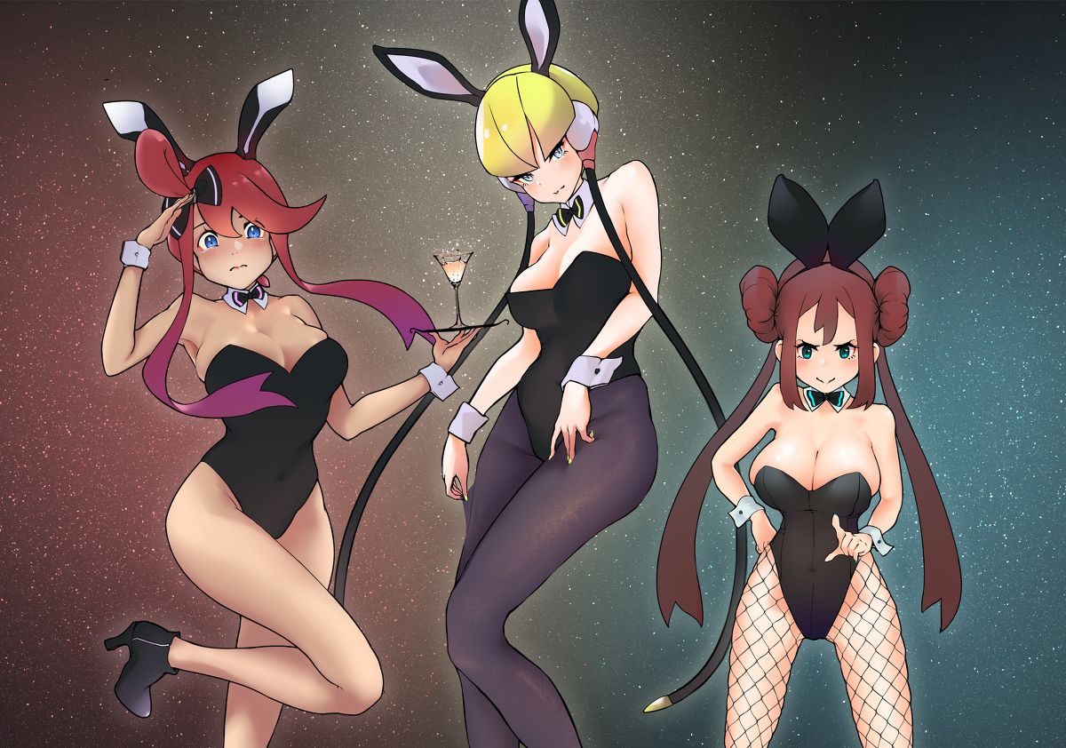 3girls, artist request, blonde hair, blue eyes, brown hair, bunny ears, bunnysuit, elesa (pokemon), female, female only, fishnet pantyhose, gym leader, multiple females, multiple girls, pantyhose, pokemon, pokemon bw, pokemon bw2, red hair, rosa (pokemon), skyla (pokemon)