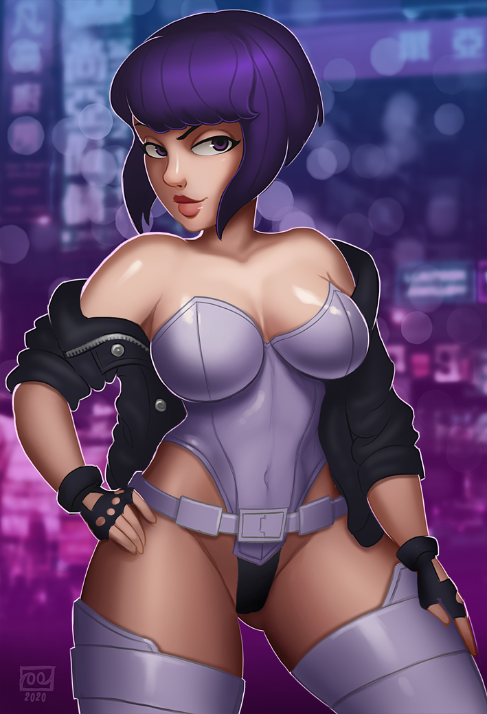 1girls 2020 alternate_version_available bare_thighs bob_cut cleavage clothed female female_only fingerless_gloves ghost_in_the_shell ghost_in_the_shell_stand_alone_complex hand_on_hip jacket kusanagi_motoko large_breasts leather_jacket leotard monolithic-sloth off_shoulder pinup pinup_pose posing purple_eyes purple_hair short_hair skimpy smile solo thick_thighs voluptuous