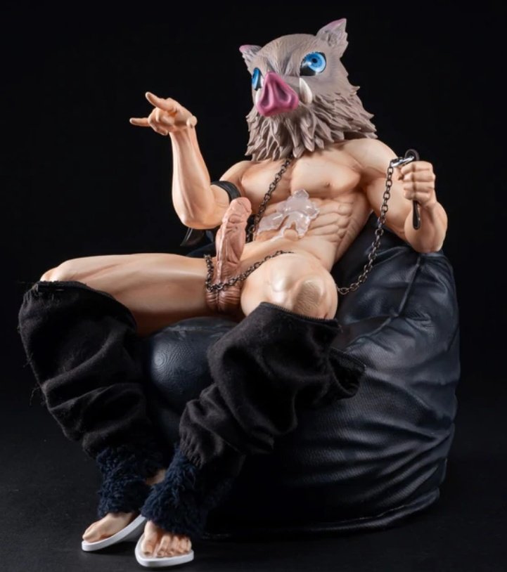 abs black_hair chains collar cum cum_on_body demon_slayer erection figure foreskin green_eyes inosuke_hashibira kimetsu_no_yaiba legs long_hair male_focus male_only mask muscular muscular_male penis penis_out photo_(medium) solo solo_male thick_thighs twunk