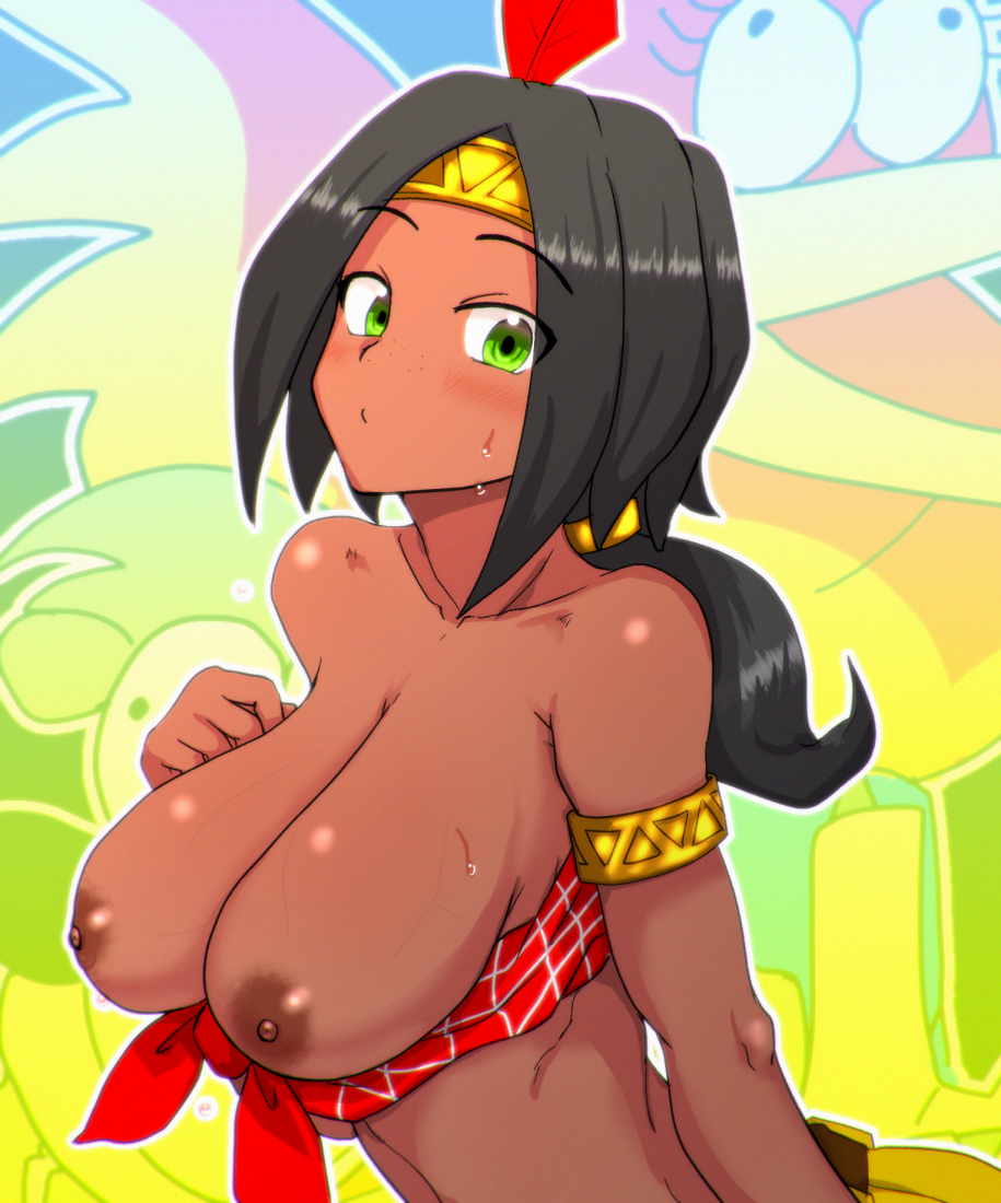 1girls 2021 aikawa_arika banjo-kazooie banjo-tooie banjo_(banjo-kazooie) big_breasts black_hair blush blushing blushing_at_viewer breasts breasts_out casual_nudity crop_top cute cute_face dark-skinned_female dark_skin feather_in_hair freckles green_eyes headband humba_wumba kazooie looking_at_viewer native_american nipples pointy_chin ponytail rareware sweat tribal