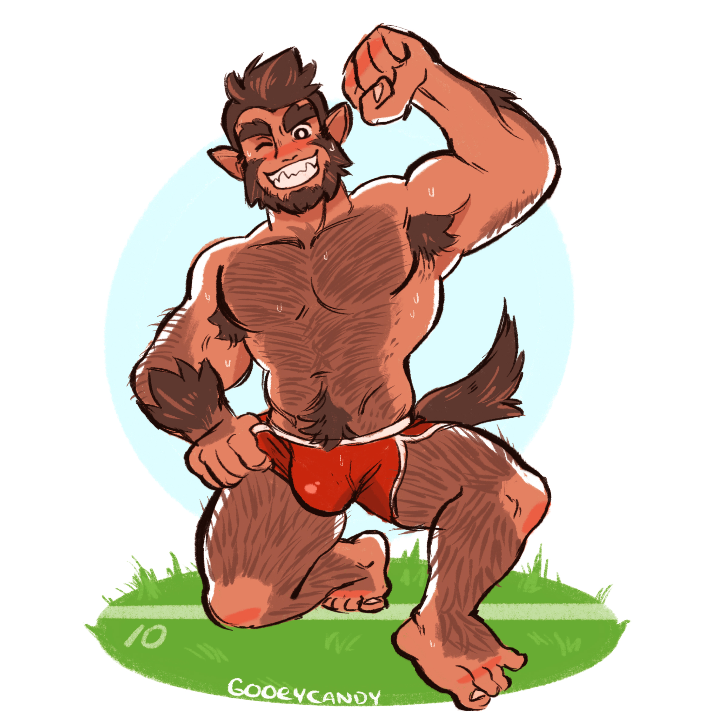 animal tail, armpit, armpit hair, armpits, balls, bara, beard, biceps, blush, bulge, bushy eyebrows, crotch, eyebrows, facial hair, fit, fit male, flaccid, flexing, gay, gooey candy, hairy, looking at viewer, male, male only, monster prom, muscles, muscular, on one knee, one eye closed, penis, pointed ears, scott howl, shorts, shorts only, smile, smiling, solo, solo male, sweaty, tail, werewolf, yaoi