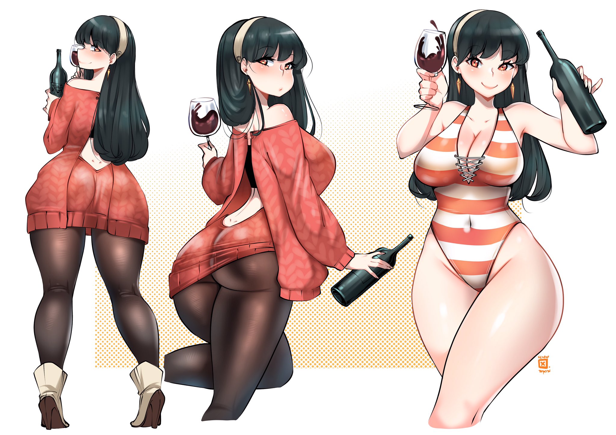 ass, back view, bangs, big ass, big breasts, breasts, drunk, female, heels, kenron toqueen, spy x family, swimsuit, tagme, tights, wardrobe malfunction, yor briar