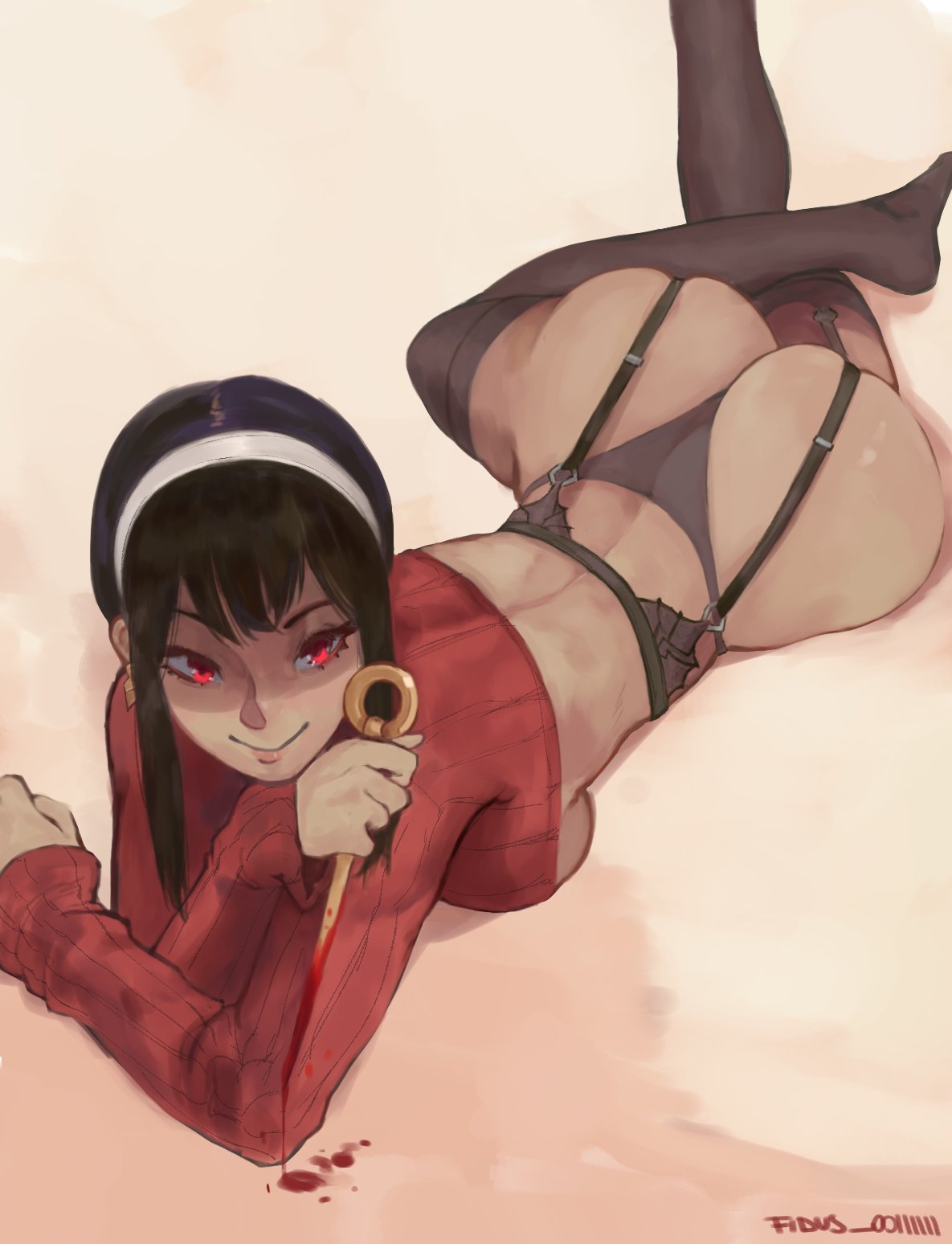 1girls, ass, assassin, big ass, big butt, black hair, fat ass, female, female only, fidus, garter belt, large ass, lying, on stomach, panties, red eyes, solo, solo female, spy x family, stiletto (weapon), thick, thick ass, thighhighs, thorn princess, voluptuous, yor briar