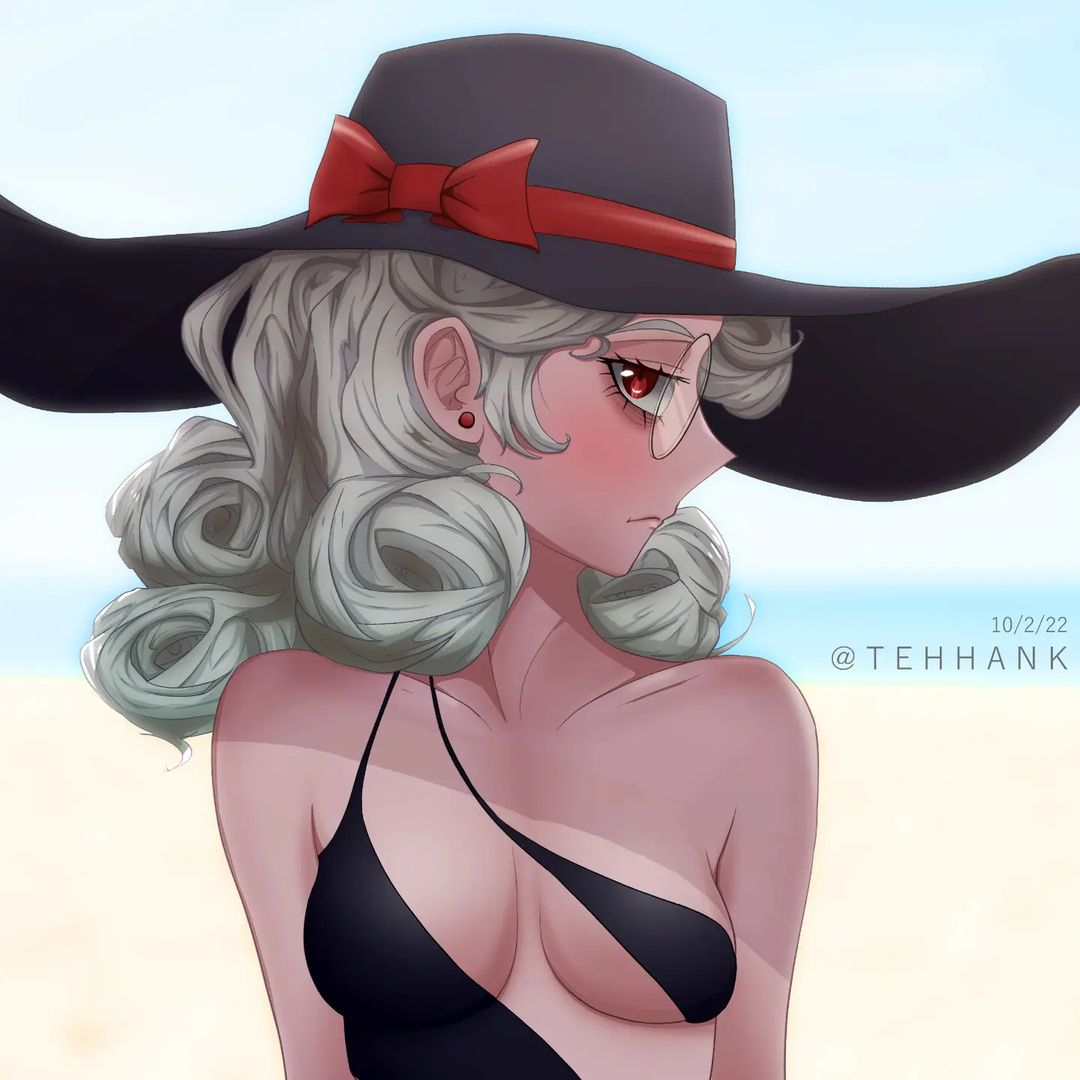 1girls, big breasts, blush, breasts, cleavage, curly hair, demon, demon girl, demon horns, demon tail, female, female focus, female only, glasses, helltaker, medium hair, pandemonica (helltaker), red eyes, shy, swimsuit, tehhank, upper body, white hair