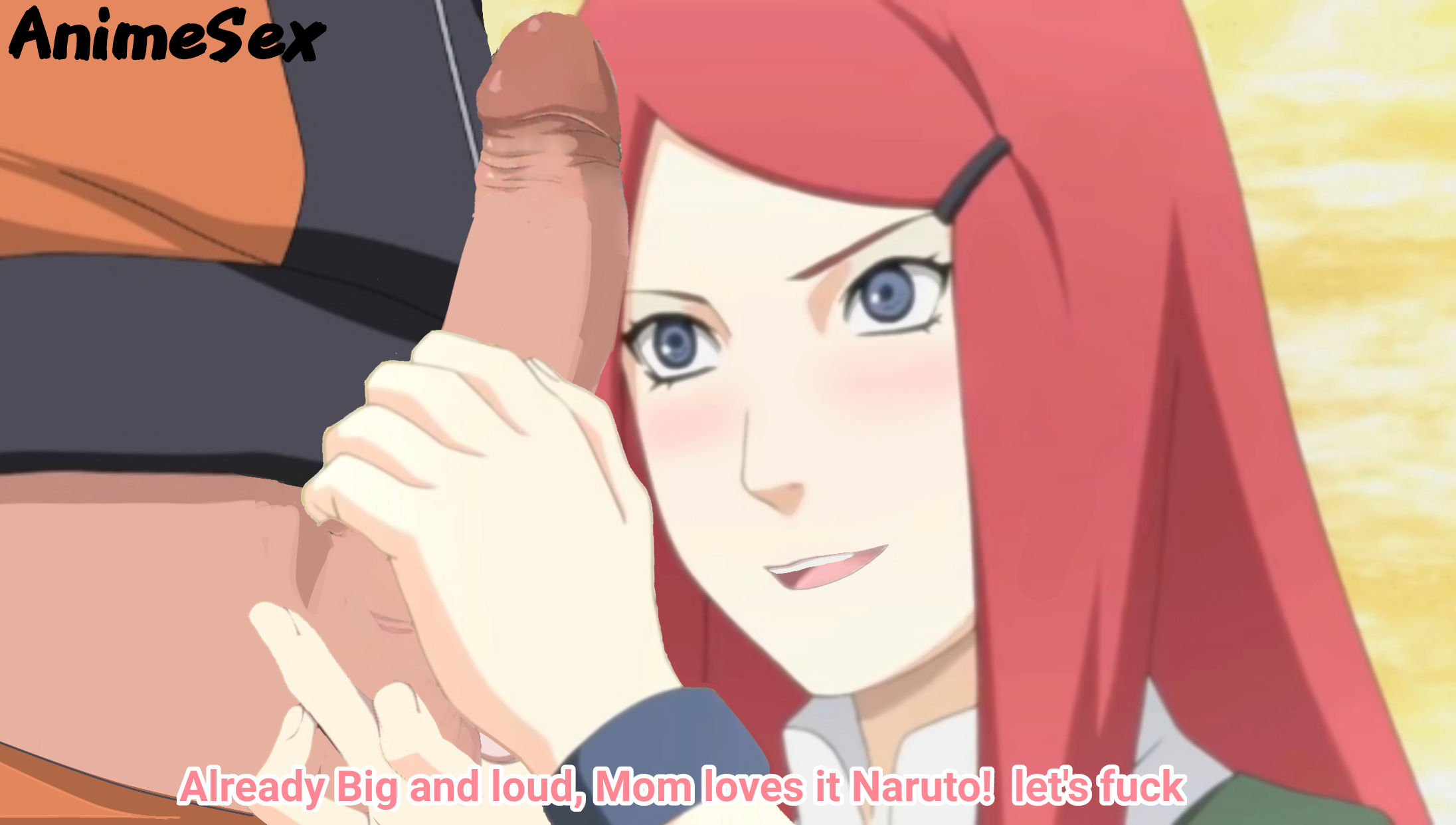 big penis, fantasy, female, hand on head, incest, male, mother and son, naruto, naruto (series), naruto shippuden, penis, text, uzumaki kushina, uzumaki naruto