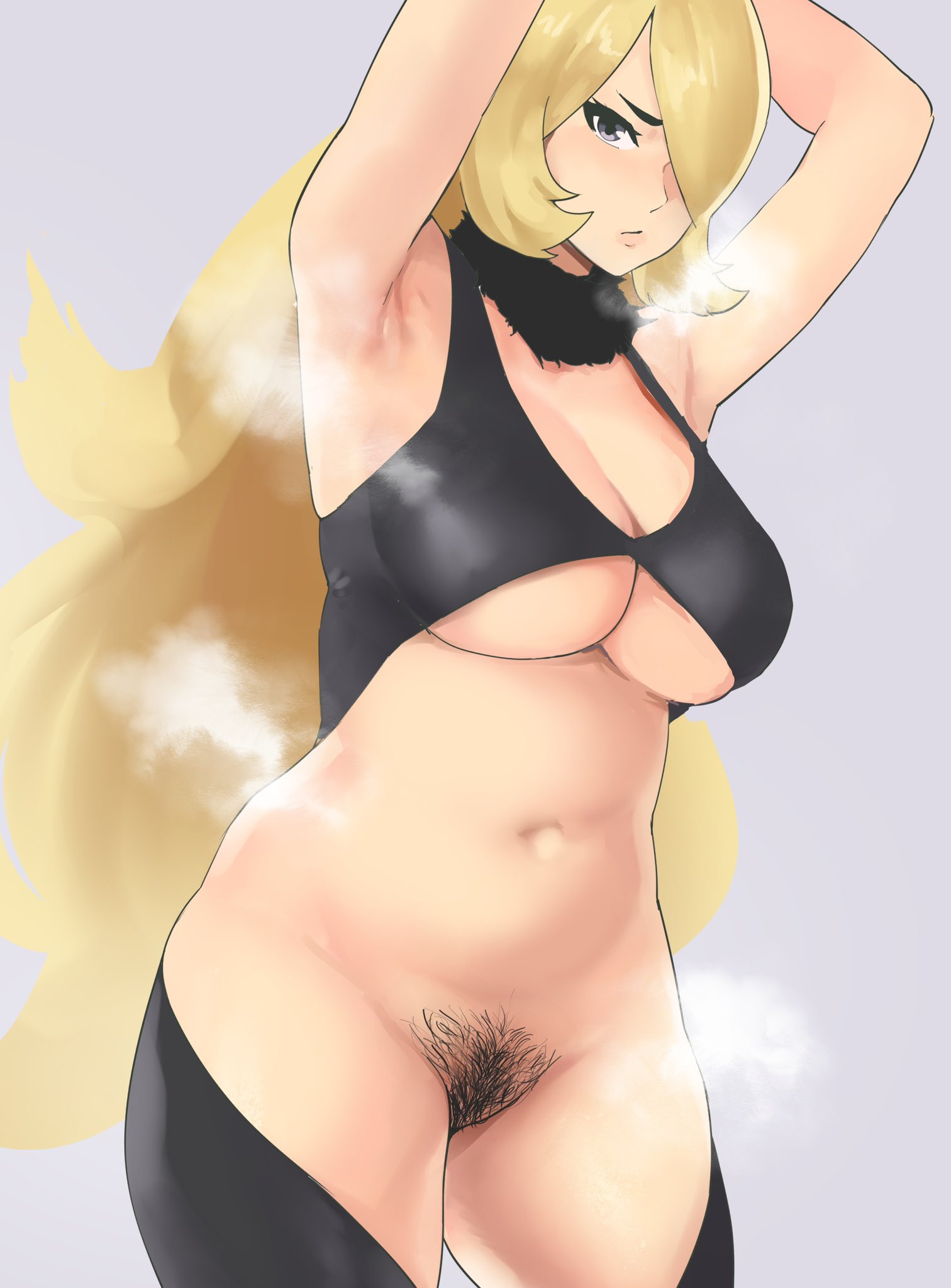 1girls, 2022, alternate breast size, armpit fetish, armpits, big breasts, blonde hair, blush, breasts, cleavage, cynthia (pokemon), female, female only, hair over one eye, hi res, huge breasts, large breasts, long hair, looking at viewer, musk, nintendo, pokemon, pokemon dppt, pubic hair, solo, underboob, yotahen