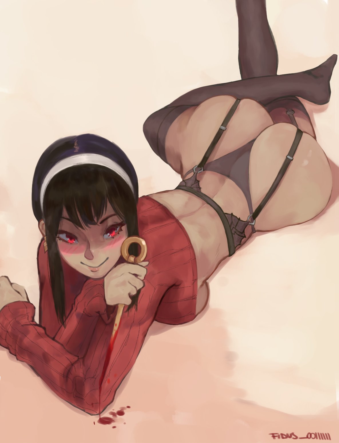 1girls, ass, assassin, big ass, big butt, black hair, blush, fat ass, female, female only, fidus, garter belt, large ass, lying, on stomach, panties, red eyes, solo, solo female, spy x family, stiletto (weapon), thick, thick ass, thighhighs, thorn princess, voluptuous, yor briar