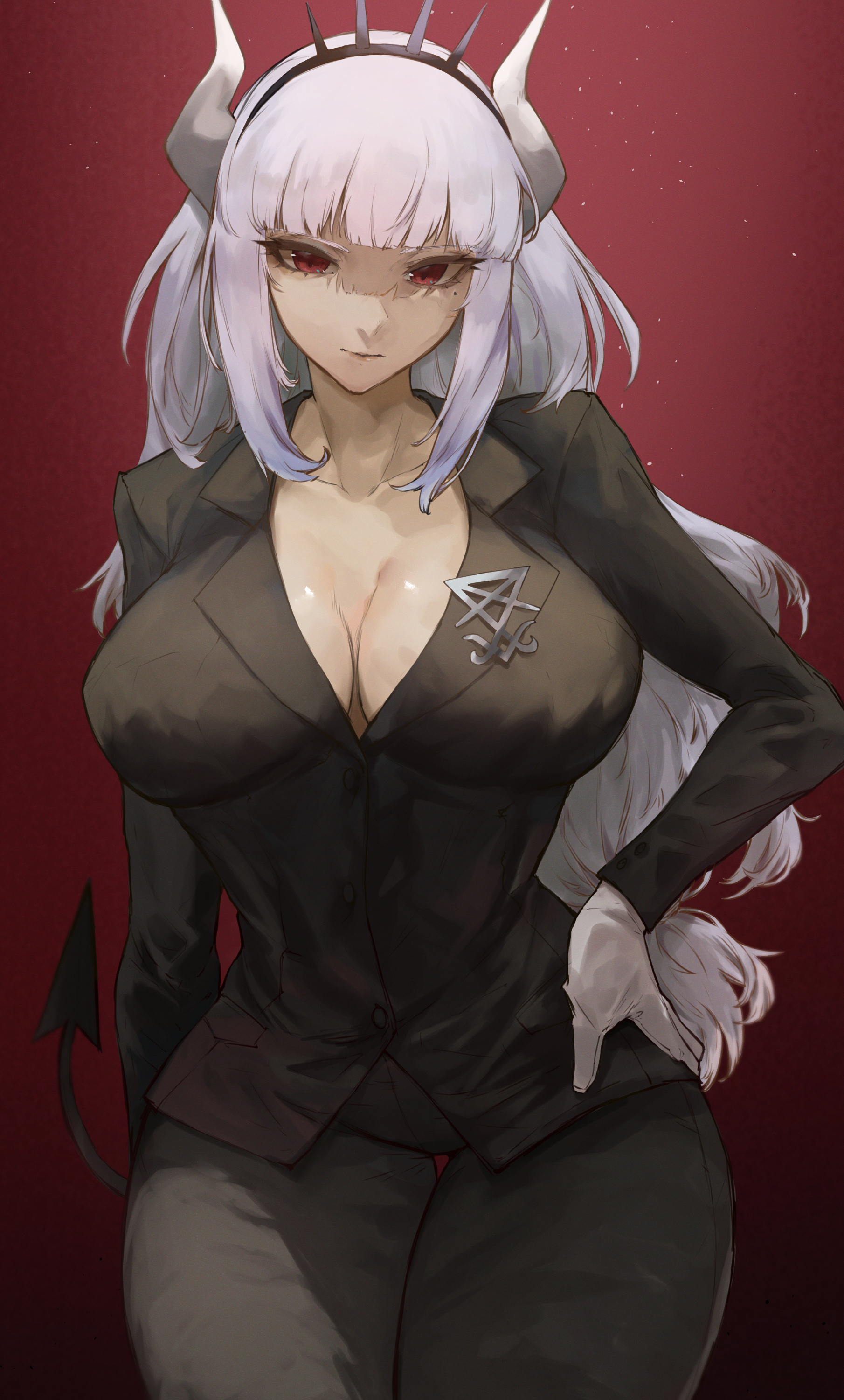 1girls, 2022, absurd res, black clothing, breasts, cleavage, clothed, clothed female, demon, demon girl, female, female only, hand on hip, helltaker, hips, horns, kataku musou, large breasts, light skin, light-skinned female, long hair, looking at viewer, lucifer (helltaker), pale skin, pale-skinned female, red eyes, simple background, slim waist, suit, thick thighs, thigh gap, thighs, white hair, wide hips