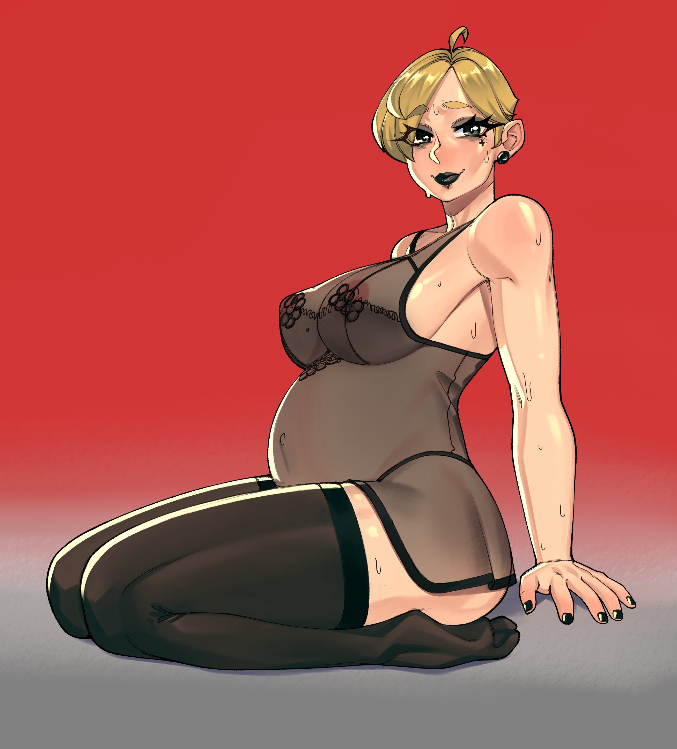 1girls, areolae, belly button, black earrings, black eyeshadow, black fingernails, black legwear, black lingerie, black lipstick, black makeup, blonde eyebrows, blonde hair, breasts, ear piercing, ear ring, earrings, female, female only, grey floor, hair curl, hands on floor, large belly, lingerie, looking at viewer, nervous, nipple bulge, nipples, nipples visible through clothing, on knees, pregnant, pregnant belly, pregnant female, red background, solo, sweat, sweating, sweaty, thighhighs, truedevirish, very short hair, zettai ryouiki