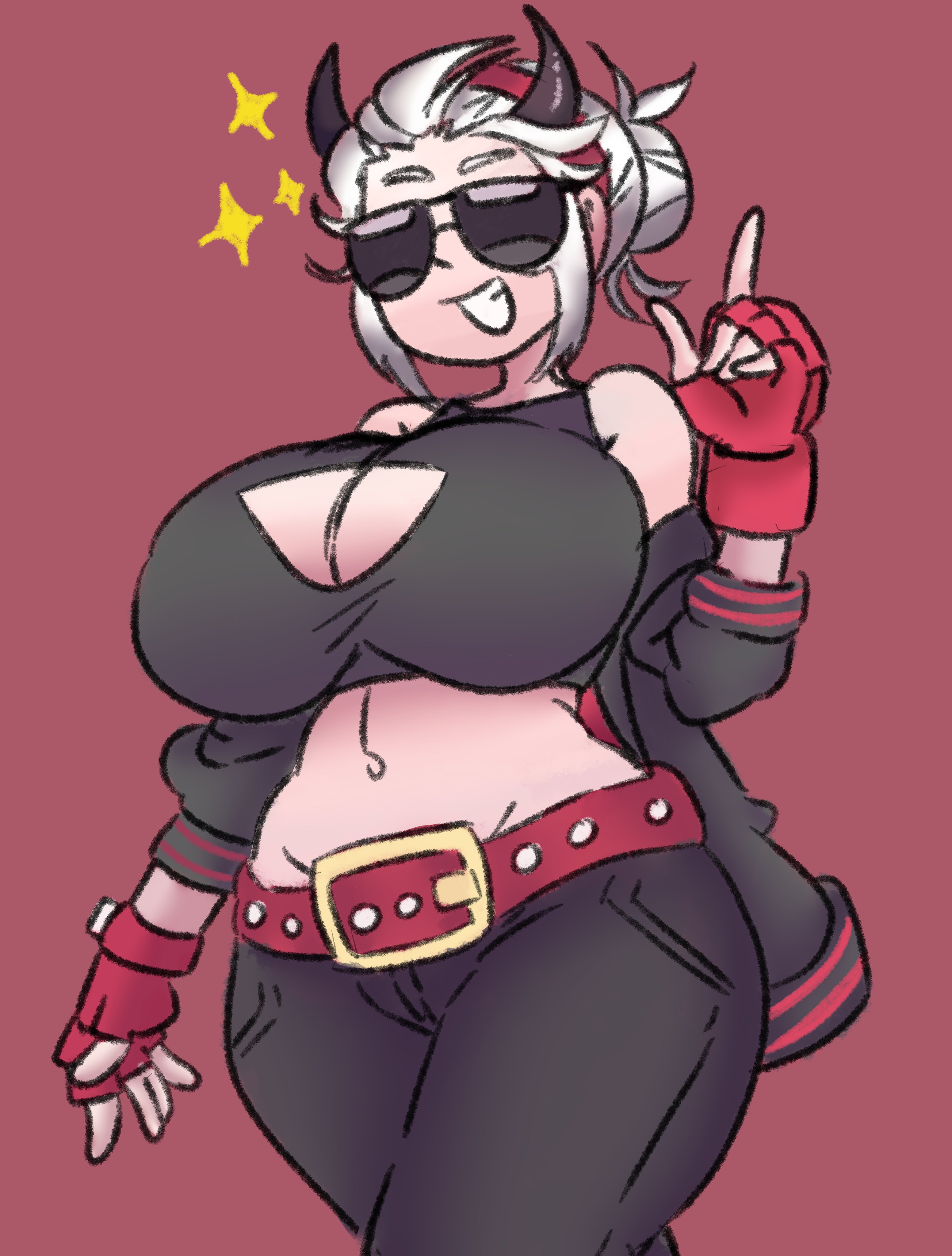 1girls, big breasts, breasts, demon, demon girl, female, helltaker, inakotho, justice (helltaker), sunglasses, tagme, tinted eyewear, tomboy