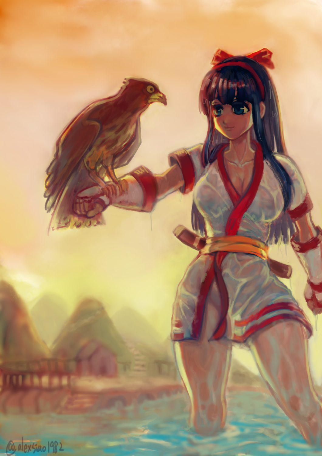 1girls artist_name big_breasts bird blue_eyes blue_hair breasts busty cleavage female female_only fingerless_gloves gloves hair_ribbon hips large_breasts legs long_hair mamahaha nakoruru no_panties ribbon samurai_shodown see-through smile snk sunset thick_thighs thighs water weapon wet wet_clothes