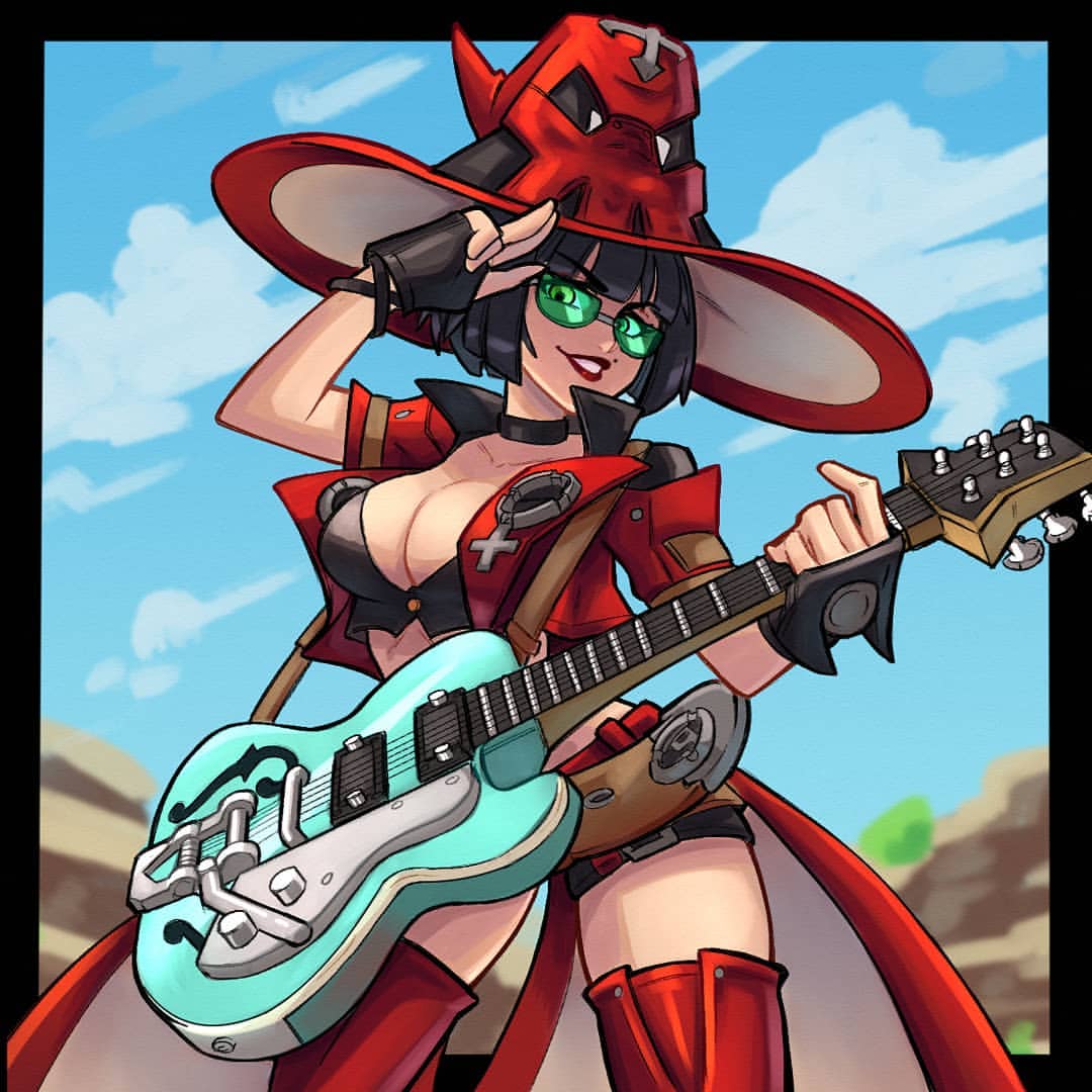 1girls aneurysm.ax beauty_mark boots busty cleavage female female_focus female_only green-tinted_eyewear green_glasses guilty_gear guilty_gear_strive guitar i-no lipstick looking_at_viewer medium_breasts pinup pose posing solo solo_female solo_focus sunglasses thigh_gap thighs tinted_eyewear witch_hat