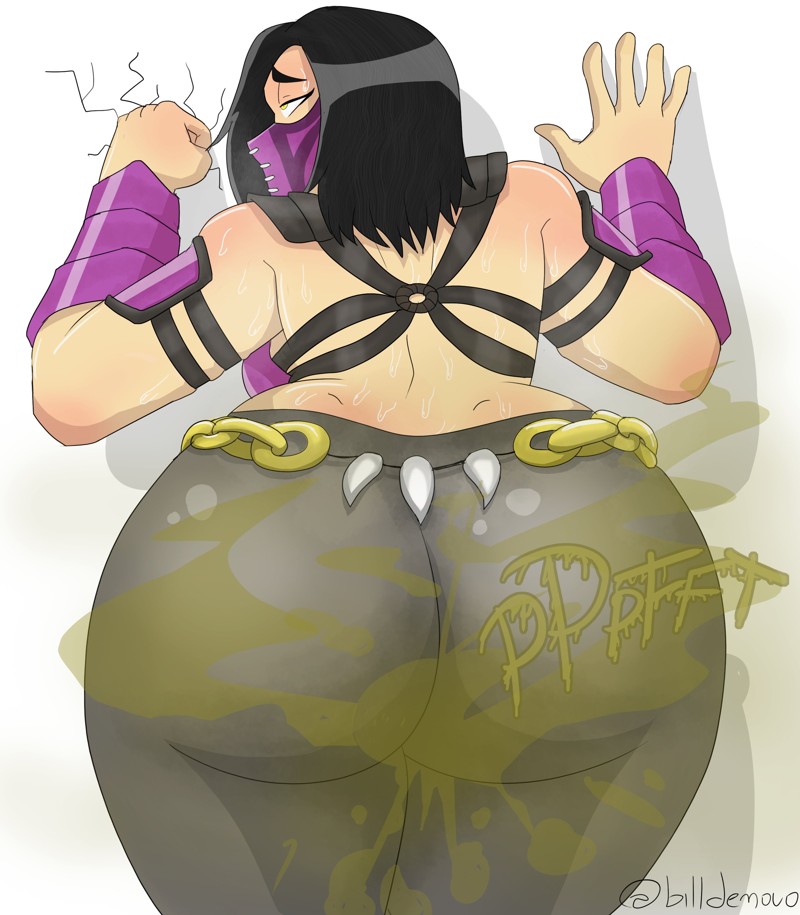 1girls, ass, big ass, billdenovo, black hair, fart, fart cloud, fart fetish, farting, female, mileena, mortal kombat