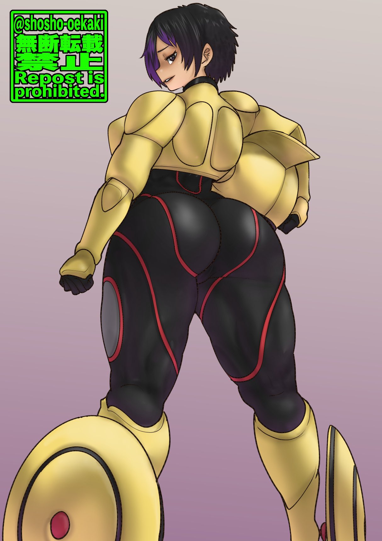 armor, armored, armored boots, ass, back view, big ass, big hero 6, bodysuit, breasts, disney, dyed hair, female, gogo tomago, helmet, huge ass, large breasts, looking back, marvel, marvel comics, rear view, short hair, shosho oekaki, signature, solo, text, thick thighs, tight clothing