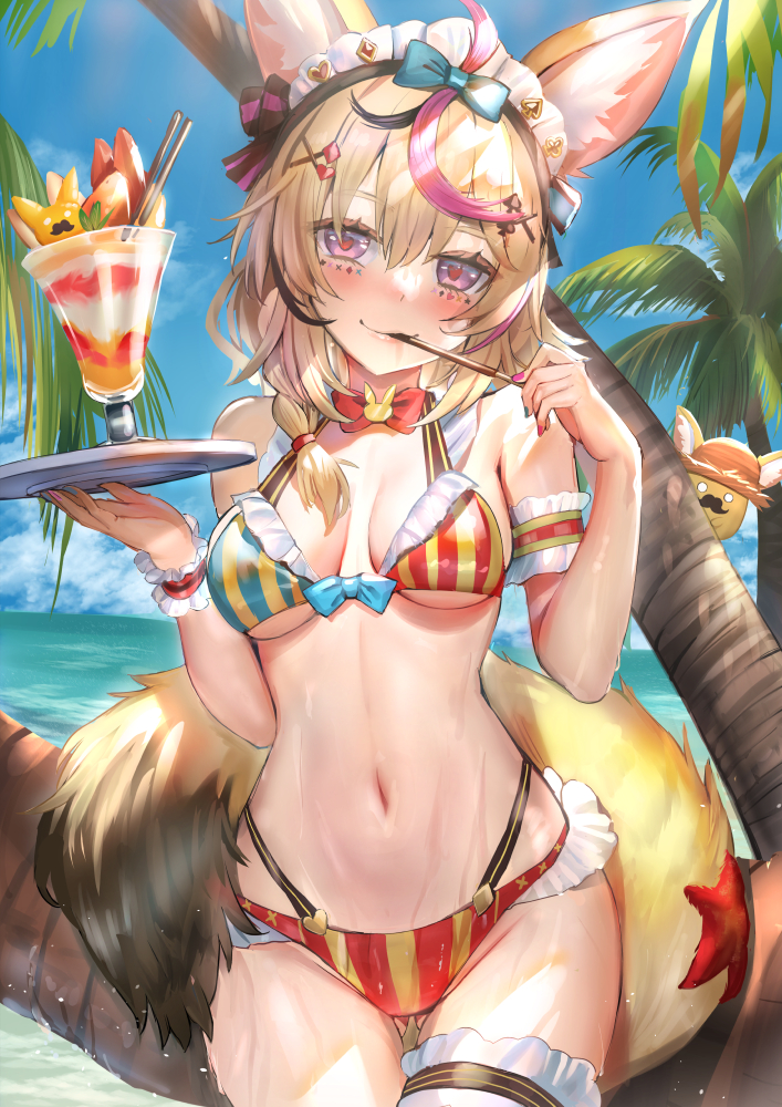 1girls 2d 2d_(artwork) animal_ears animal_tail atai_(artist) bare_arms bare_legs bare_midriff bare_shoulders bare_thighs beach bikini bikini_bottom bikini_top blonde_hair blush bowtie cute ecchi female female_focus female_only fennec_fox fox_ears fox_girl fox_tail heart-shaped_pupils hololive hololive_gen_5 hololive_japan looking_at_viewer medium_breasts omaru_polka palm_tree purple_eyes slim_waist solo solo_female solo_focus sweat tail thigh_strap toned_female underboob virtual_youtuber