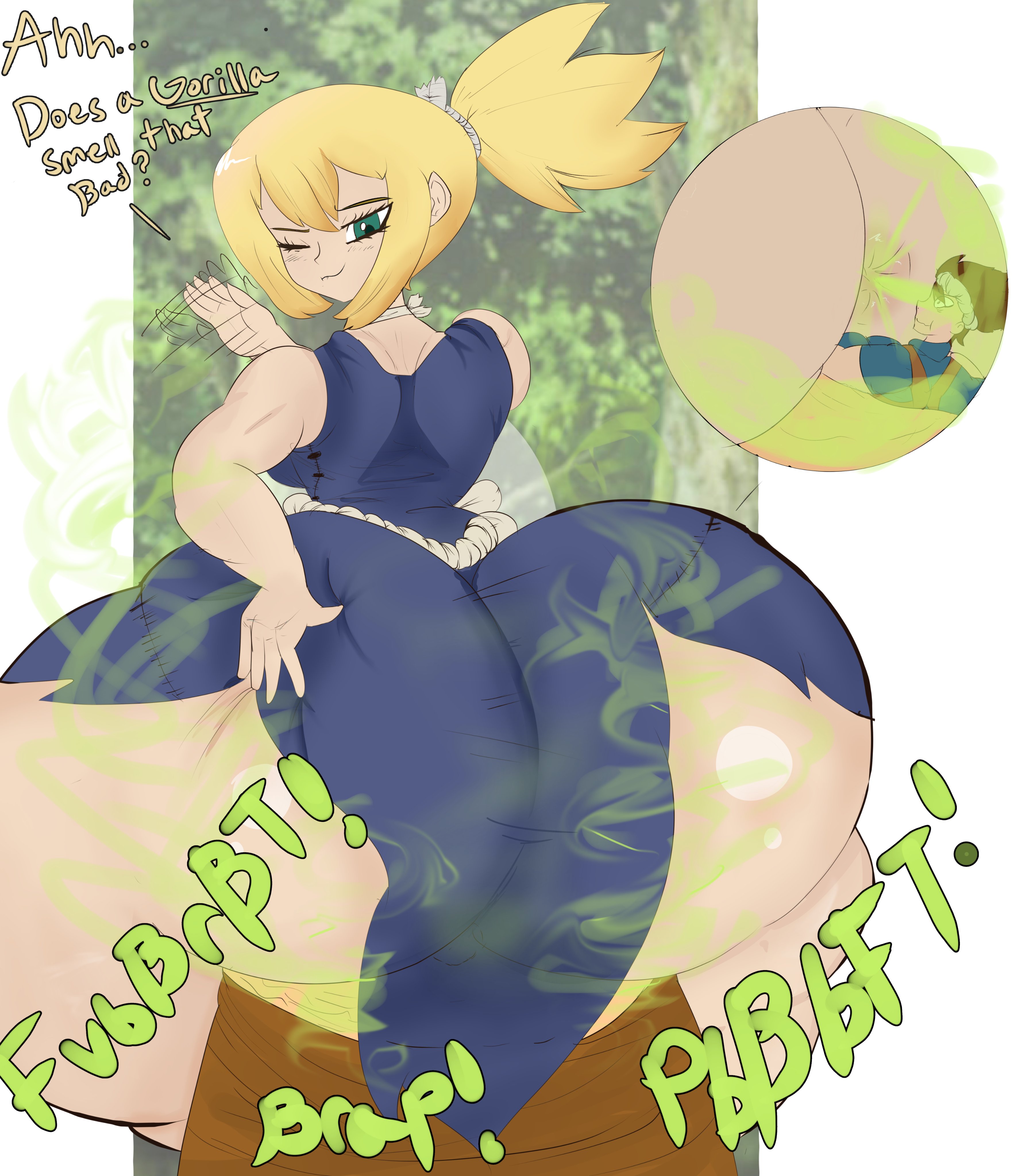 1boy, 1girls, anus, ass, asshole, big ass, big butt, blonde hair, chrome (dr.stone), dr.stone, entrapment, fart, fart cloud, fart fetish, farting, farting in face, female, giantess, grabbing own ass, green eyes, huge ass, kohaku (dr.stone), looking back, male, melissaalli, one eye closed, ponytail, rear view, sitting, sitting on person, smaller male, smile, text, thick thighs, trapped in butt, trapped in clothing, trapped in underwear, white background