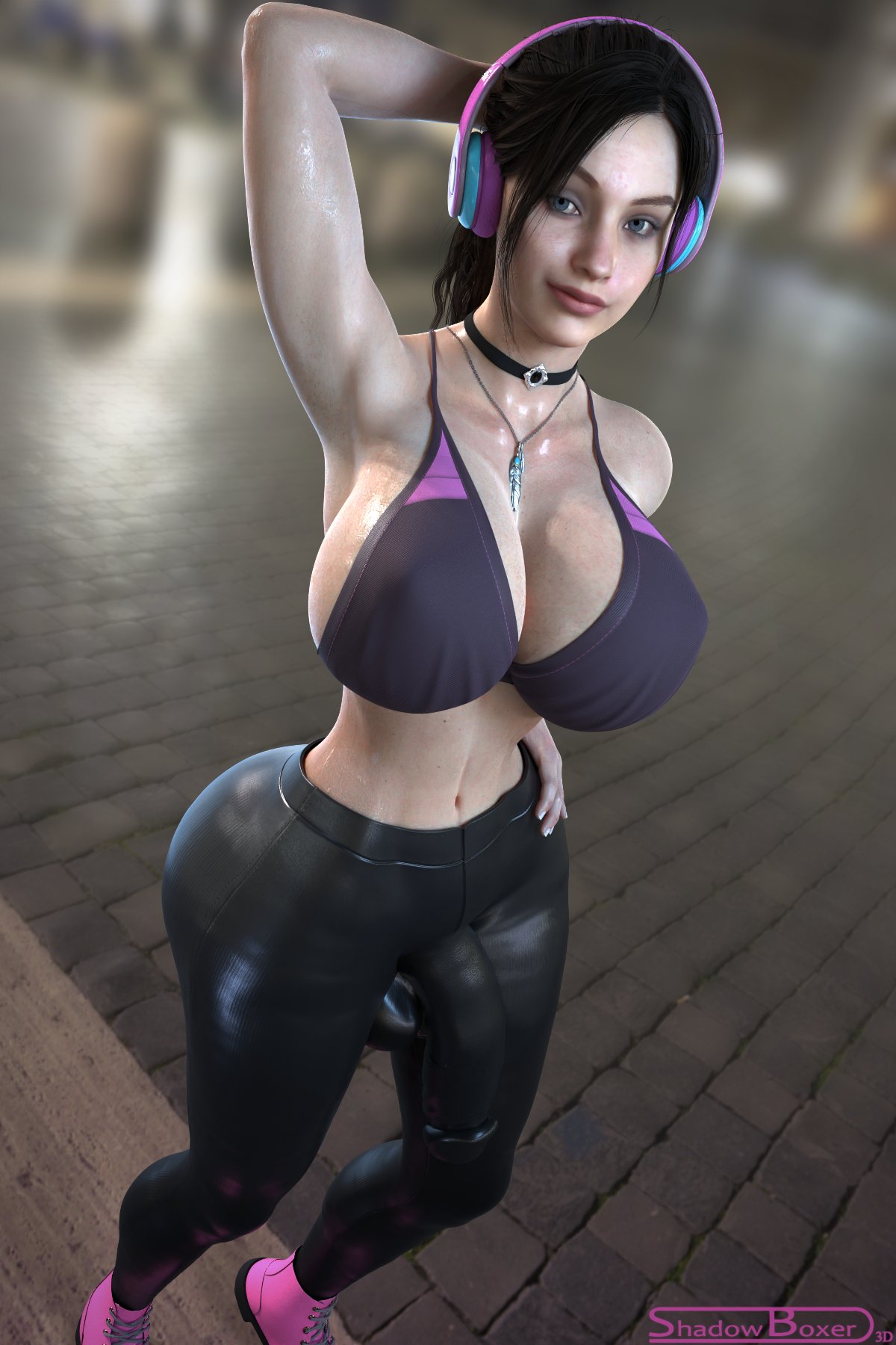 1futa, 3d, blender, breasts, bulge, claire redfield, futa only, futanari, huge breasts, huge cock, intersex, looking at viewer, penis, resident evil, resident evil 2, shadowboxer, solo, thick thighs, wide hips