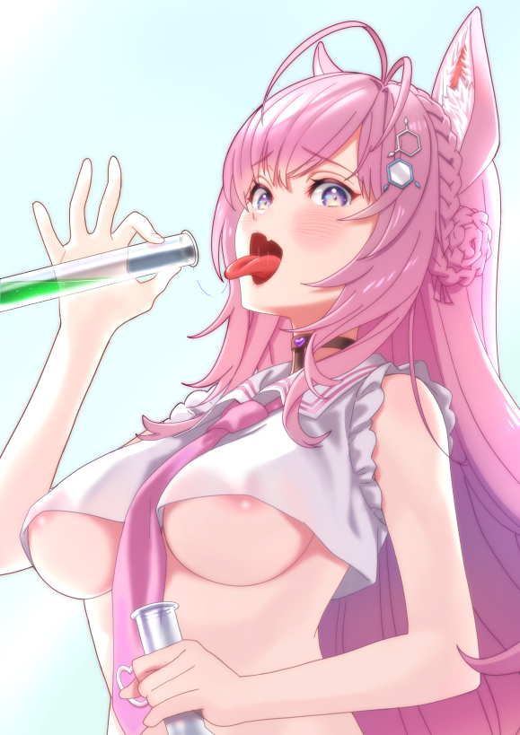 :d ahoge areola_slip areolae bare_shoulders blush breasts choker coyote_ears female hair_ornament hakui_koyori hololive hololive_japan holox long_hair looking_at_viewer open_mouth pink_hair purple_eyes sleeves_past_wrists smile solo test_tube tongue tongue_out underboob virtual_youtuber zabudog777