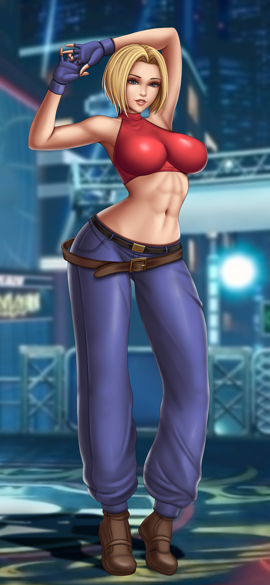 1girls alternate_version_available armpits belt big_breasts blonde_hair blue_eyes blue_gloves blue_mary blue_pants breasts brown_belt brown_boots curvy_body detailed_background fatal_fury female female_only flowerxl full_body hands_behind king_of_fighters looking_at_viewer orange_lipstick pale-skinned_female red_topwear short_hair snk solo standing tagme video_game_character widescreen