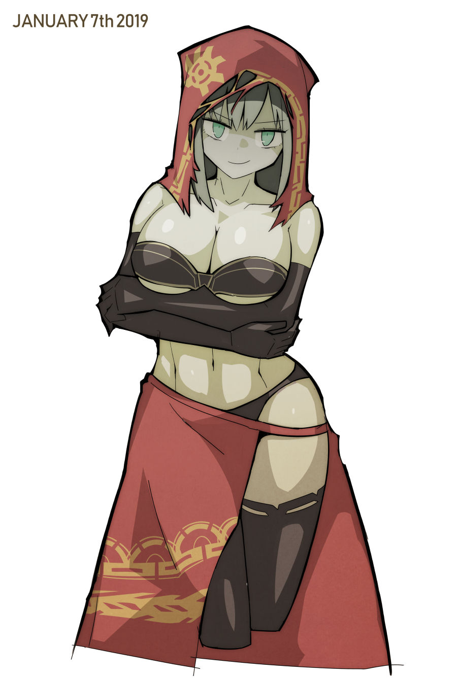 arms_crossed_under_breasts big_breasts black_gloves black_panties black_thighhighs cleavage crossed_arms dark_souls dark_souls_2 desert_sorceress elbow_gloves female female_only fromsoftware gloves green_eyes grey_hair hood looking_at_viewer pale-skinned_female pale_skin panties ryukotsu side_slit skirt smile solo thighhighs underboob