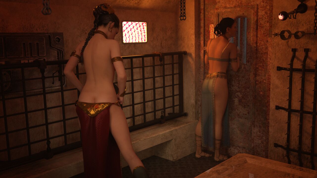 2girls, 3d, alexbridger, armlet, armwear, ass, ass cleavage, ass crack, background, being watched, belly dancer, belly dancer outfit, boots, bracelet, braid, braided hair, brown hair, bubble ass, bubble butt, butt crack, camera, carrie fisher, chains, collar, dancer, dancer outfit, daughter, detailed background, door, droid (star wars), duo, earrings, female, female only, femsub, footwear, french braid, gatekeeper droid, hair, harem, harem girl, harem outfit, hoop earrings, human, human only, indoors, jabba's palace, light skin, light-skinned female, loincloth, long hair, looking at another, looking out window, mother, mother and daughter, multiple females, multiple girls, natalie portman, neckwear, padme amidala, peeking out, piercing, princess leia organa, prison, prisoner, rear view, red clothing, robot, science fiction, security camera, see-through, see-through clothing, shoes, slave, slave bikini, slave collar, slave girl, slave leia, slave outfit, standing, star wars, submissive, tatooine, tied hair, transparent clothing, undressing, window