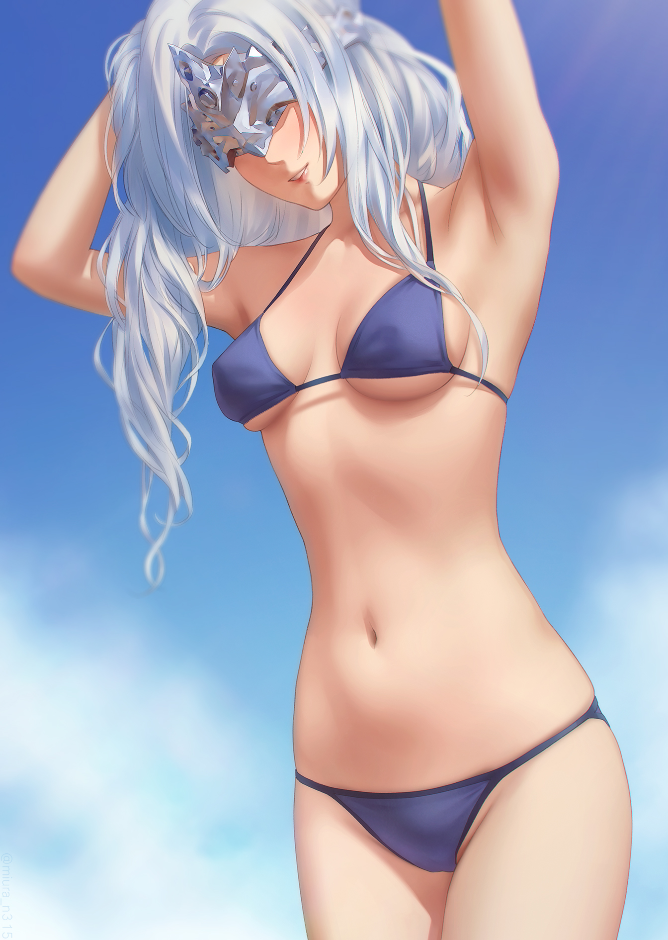 alternate costume, armpits, arms up, bikini, blue bikini, breasts, dark souls, dark souls 3, eye mask, eyes covered, female, female only, fire keeper, fromsoftware, long hair, medium breasts, small breasts, smile, solo, swimsuit, underboob, white hair