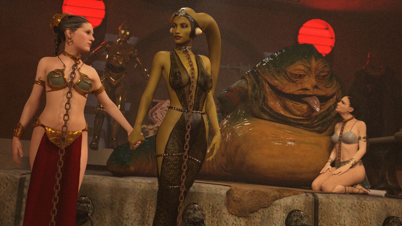 3d 3girls alexbridger belly_dancer belly_dancer_outfit bib_fortuna c-3po carrie_fisher chain_leash chained dancer dancer_outfit daughter femsub green-skinned_female green_skin harem harem_girl harem_outfit holding_hands human human_on_humanoid humanoid hutt imminent_yuri interspecies interspecies_harem interspecies_yuri jabba's_palace jabba_the_hutt kneeling large_breasts light-skinned_female light_skin loincloth medium_breasts mother mother_and_daughter natalie_portman oola padme_amidala princess_leia_organa protocol_droid salacious_crumb sandals star_wars submissive_female twi'lek