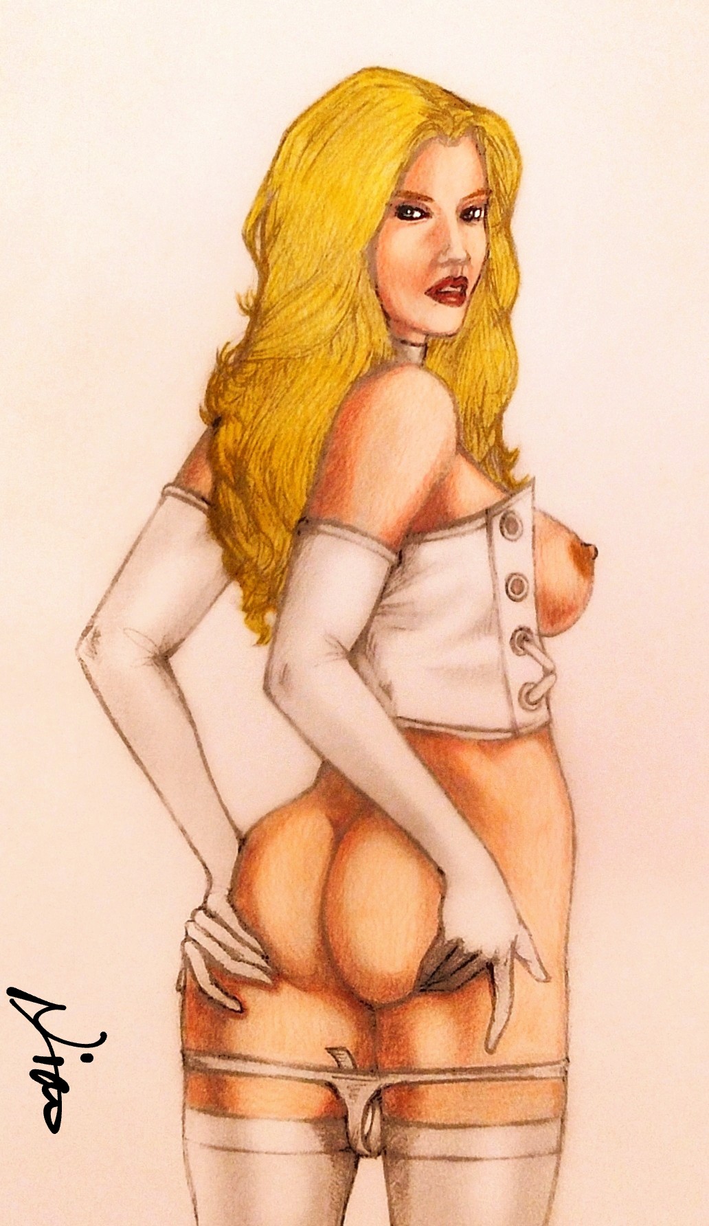 blonde_hair bronxboy79 emma_frost looking_at_viewer looking_back marvel marvel_comics panties_down white_queen x-men