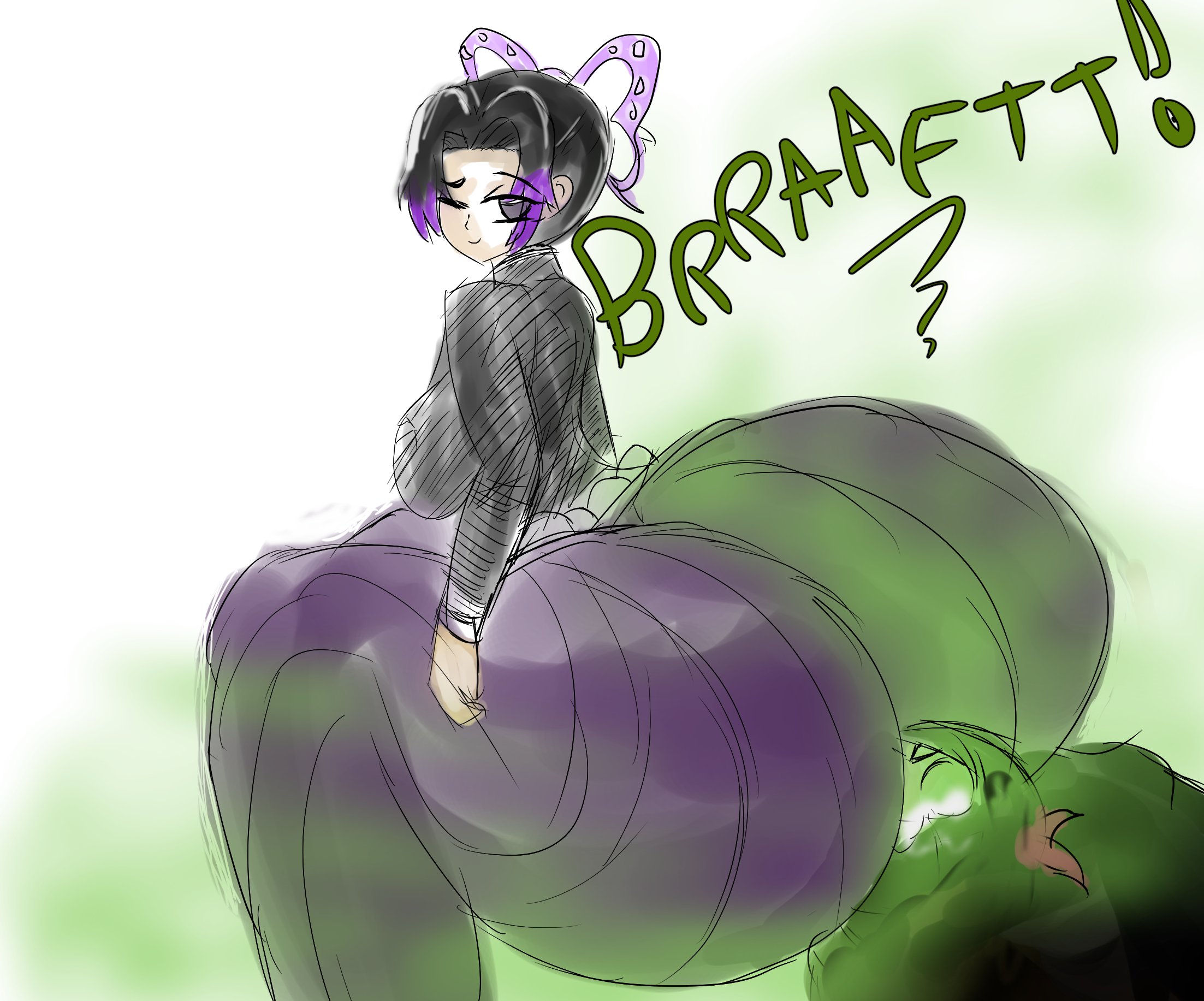 2girls, ass, ass on face, big ass, big butt, black hair, demon slayer, facesitting, fart, fart cloud, fart fetish, farting, farting in face, female, kamado nezuko, kimetsu no yaiba, kochou shinobu, melissaalli, multiple females, multiple girls, one eye closed, purple eyes, smile, thick thighs, yuri