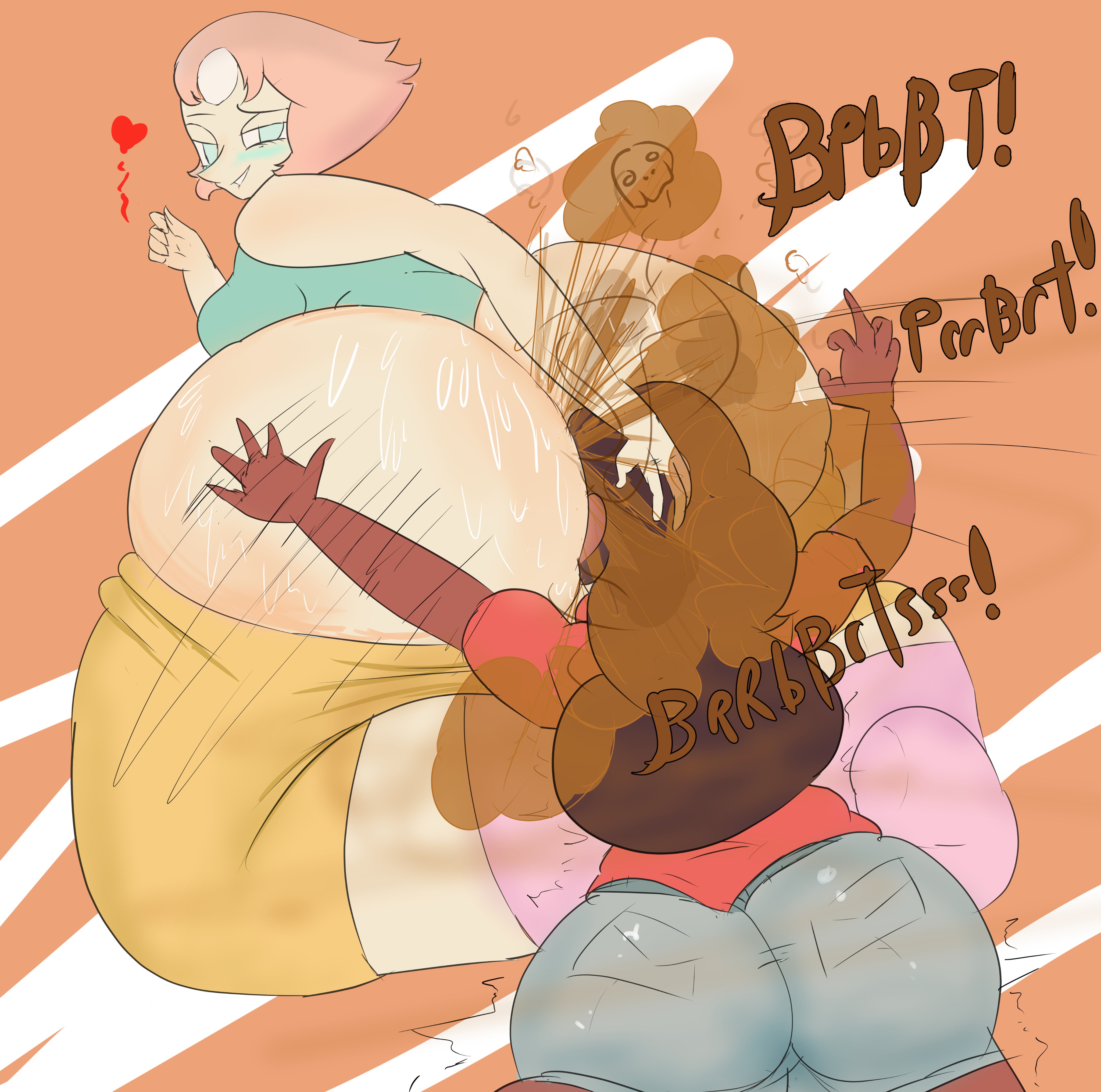2girls, ass, ass sweat, big ass, big butt, blue eyes, blush, brown hair, cartoon network, connie maheswaran, dark skin, dark-skinned female, face in ass, fart, fart cloud, fart fetish, farting, farting in face, female, gem (species), hand on head, heart, looking back, melissaalli, multiple females, multiple girls, pants down, pearl (steven universe), short hair, shorts, smile, steven universe, sweat, thick thighs, white skin, yuri