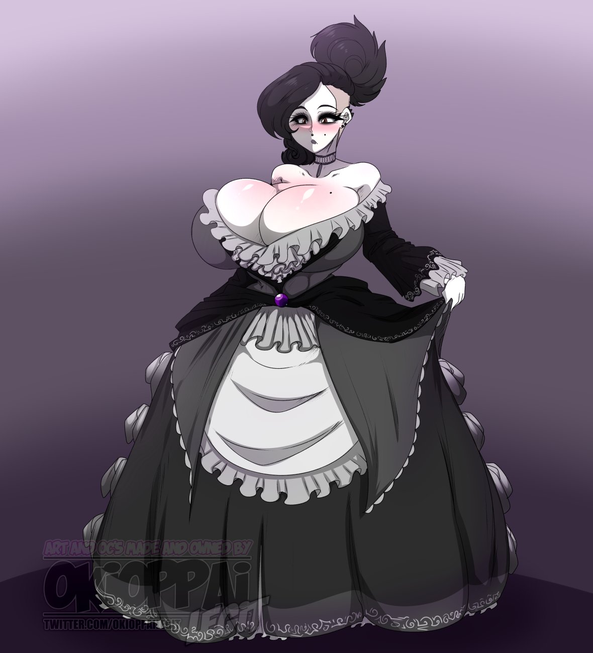 1girls, ass, big ass, big breasts, black hair, blush, breasts, cleavage, dress, fat ass, female, female focus, female only, fully clothed, goth, huge ass, huge breasts, makeup, massive breasts, okioppai, pale skin, pandora (okioppai), solo, victorian