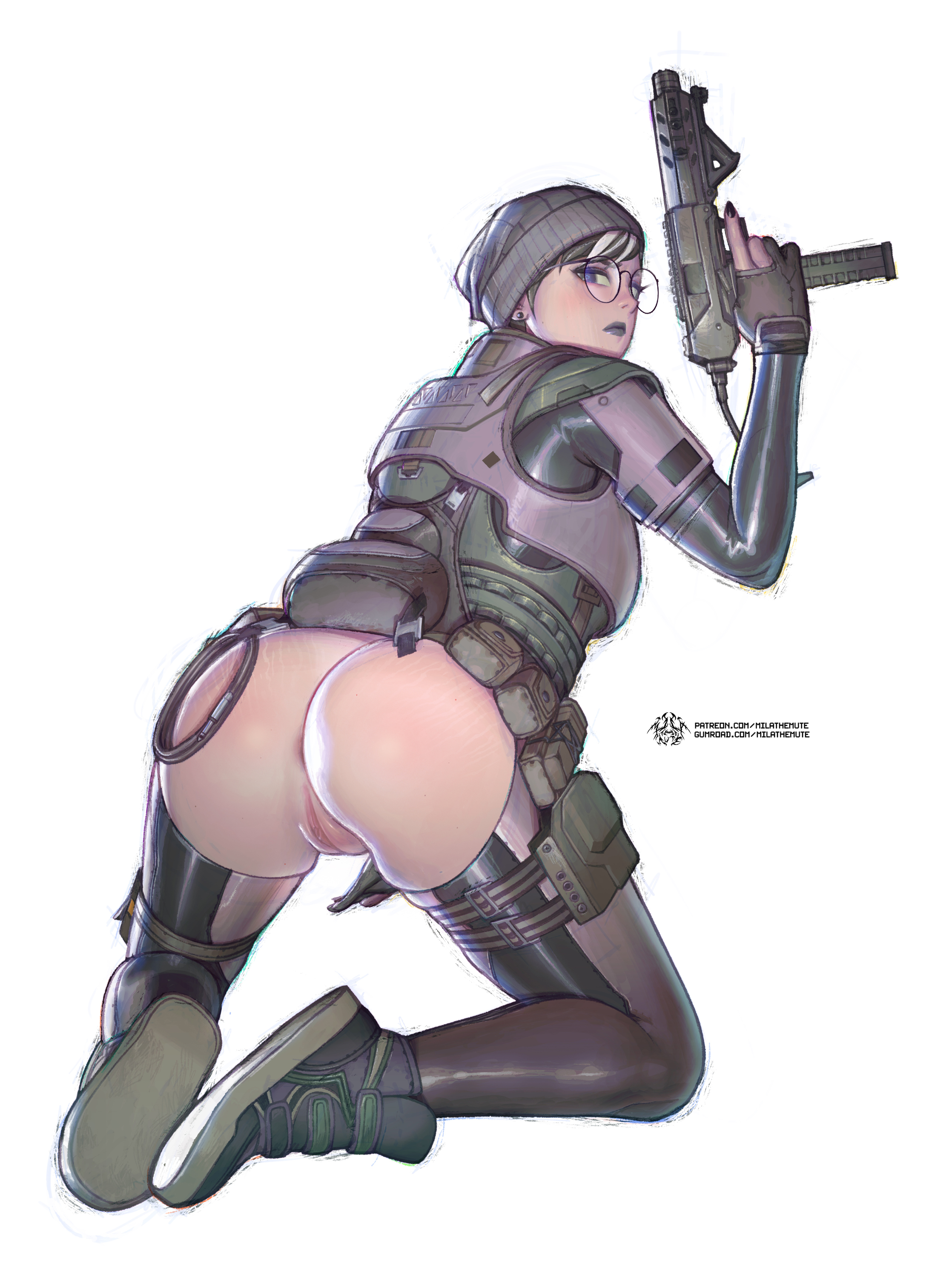 ass, assless chaps, assless pants, big ass, dokkaebi (rainbow six), female, female only, gun, looking at viewer, looking back, mila the mute, pinup, rainbow six, rainbow six siege, solo, tactical gear
