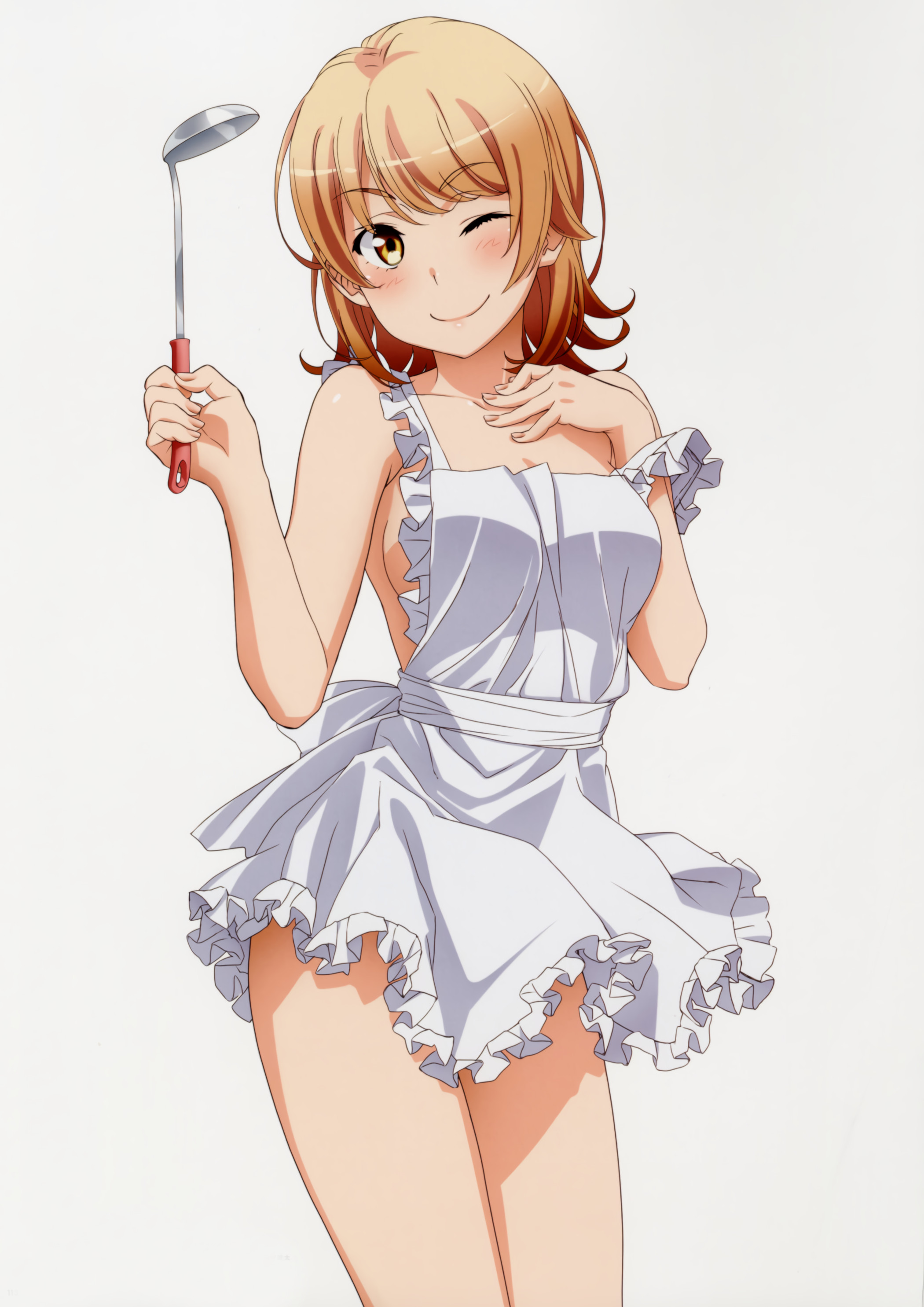 1girls, apron, apron only, blush, closed eye, closed mouth, eye closed, eye open, eyes, female, female only, isshiki iroha, looking at viewer, mouth, mouth closed, my teen romantic comedy snafu, official art, smile, smiley face, smiling, smiling at viewer, wink