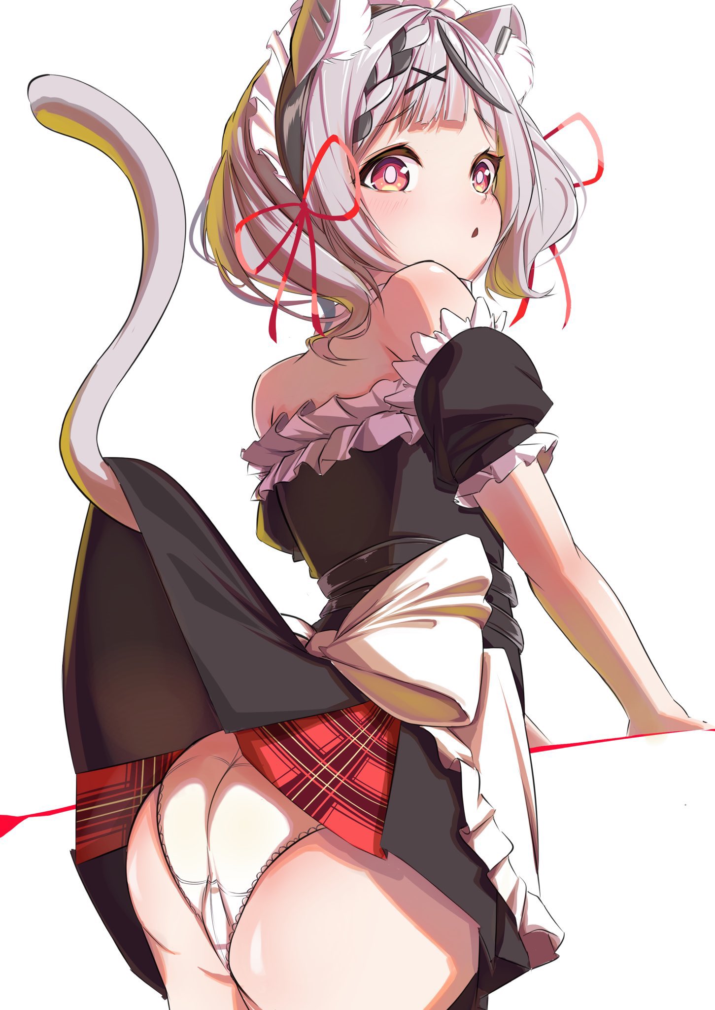 animal ears, animal tail, artist request, ass, bangs, cat ears, cat girl, cat tail, catgirl, dress, female, grey hair, hair ornament, highres, hololive, hololive japan, holox, looking back, panties, red eyes, sakamata chloe, short hair, simple background, skirt, skirt lift, tail, virtual youtuber, white background, white panties